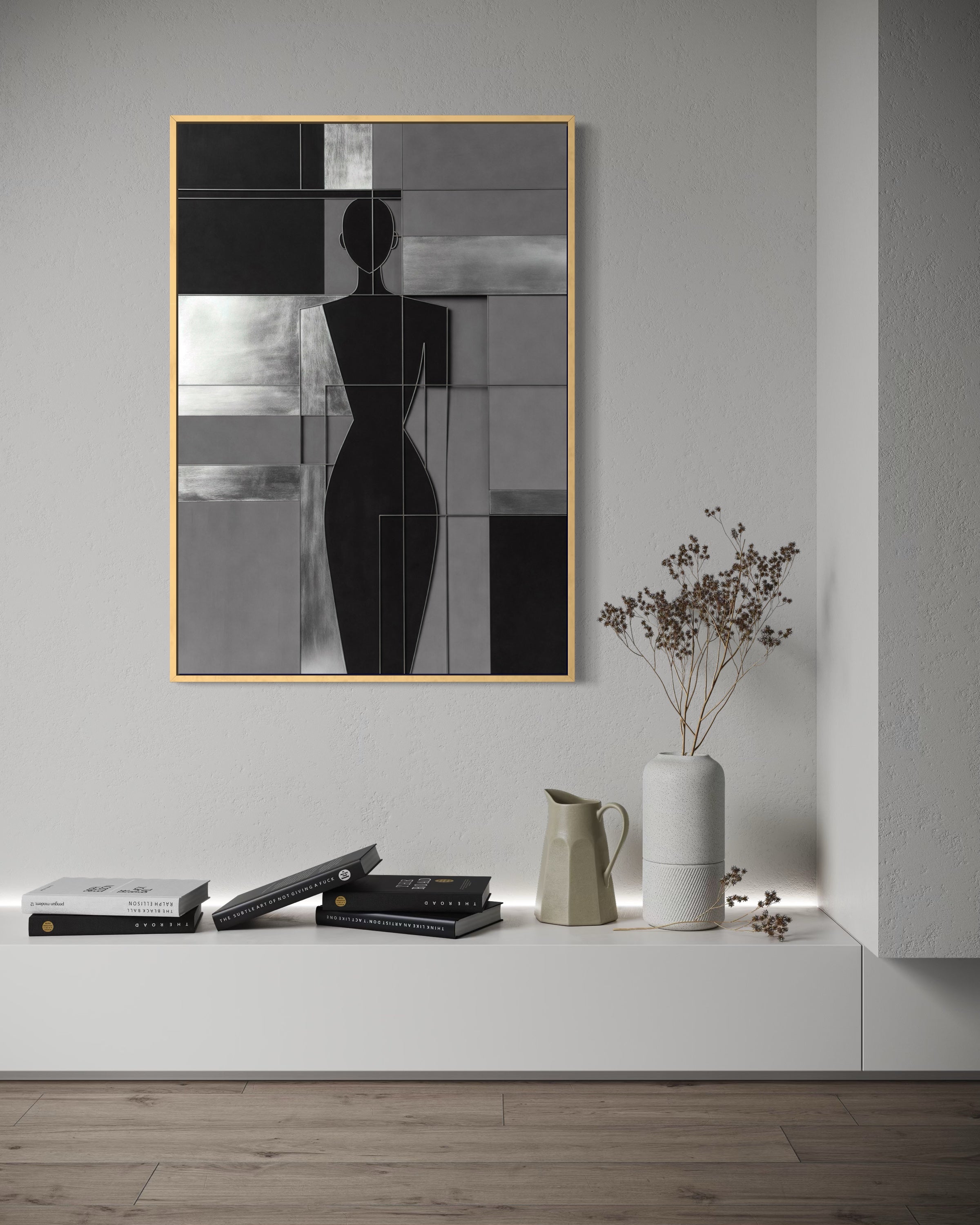 L'Anima Blu: arte astratta con figura femminile, cornice oro