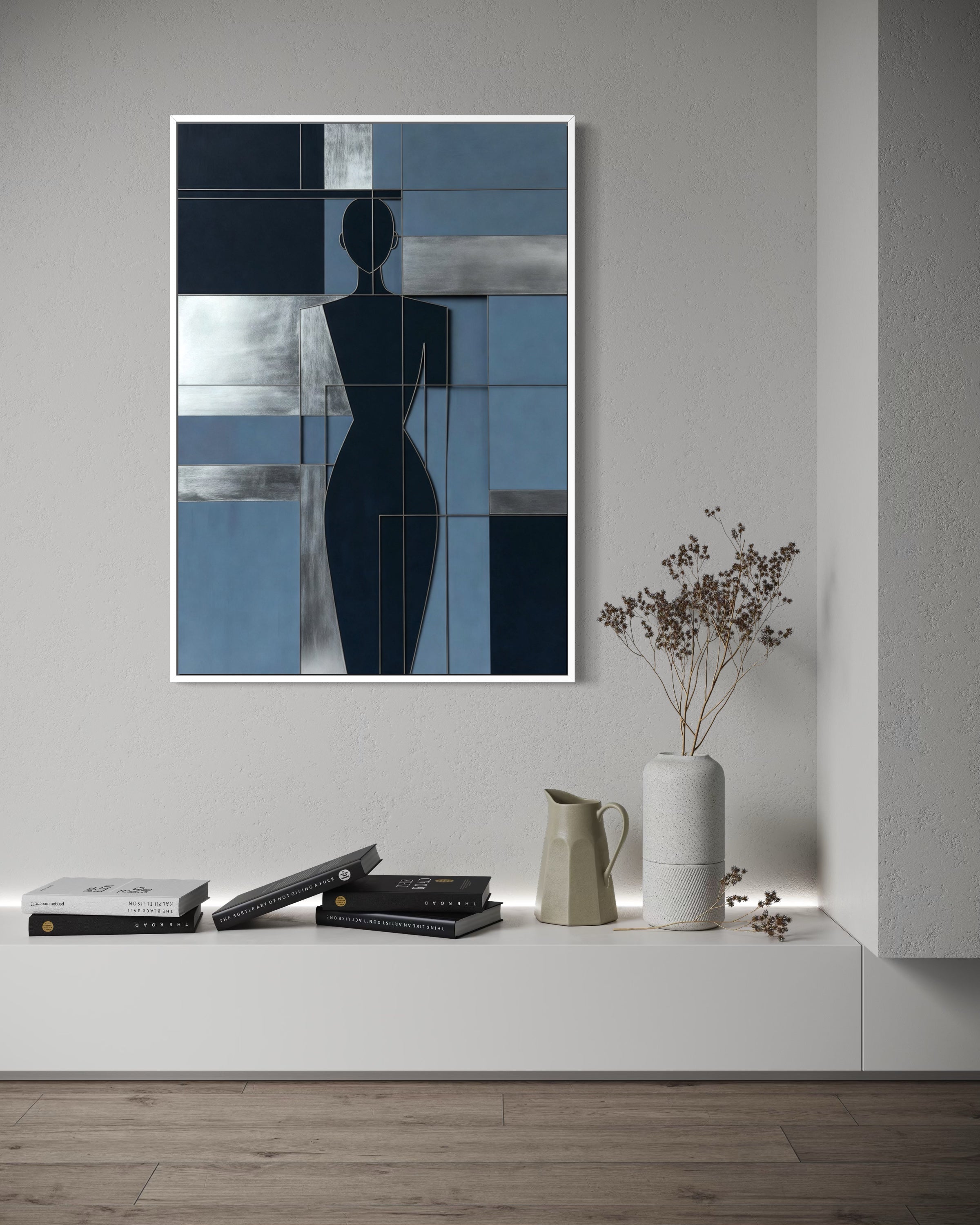 L'Anima Blu: silhouette femminile astratta su griglia, telaio bianco