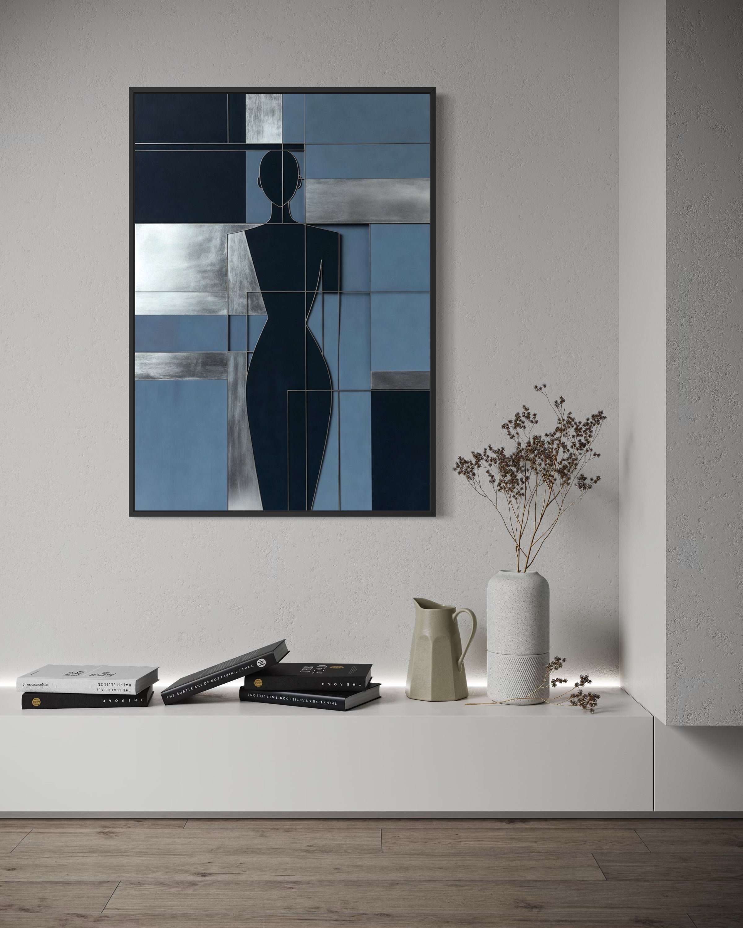 L'Anima Blu: ritratto astratto con silhouette di donna, telaio nero