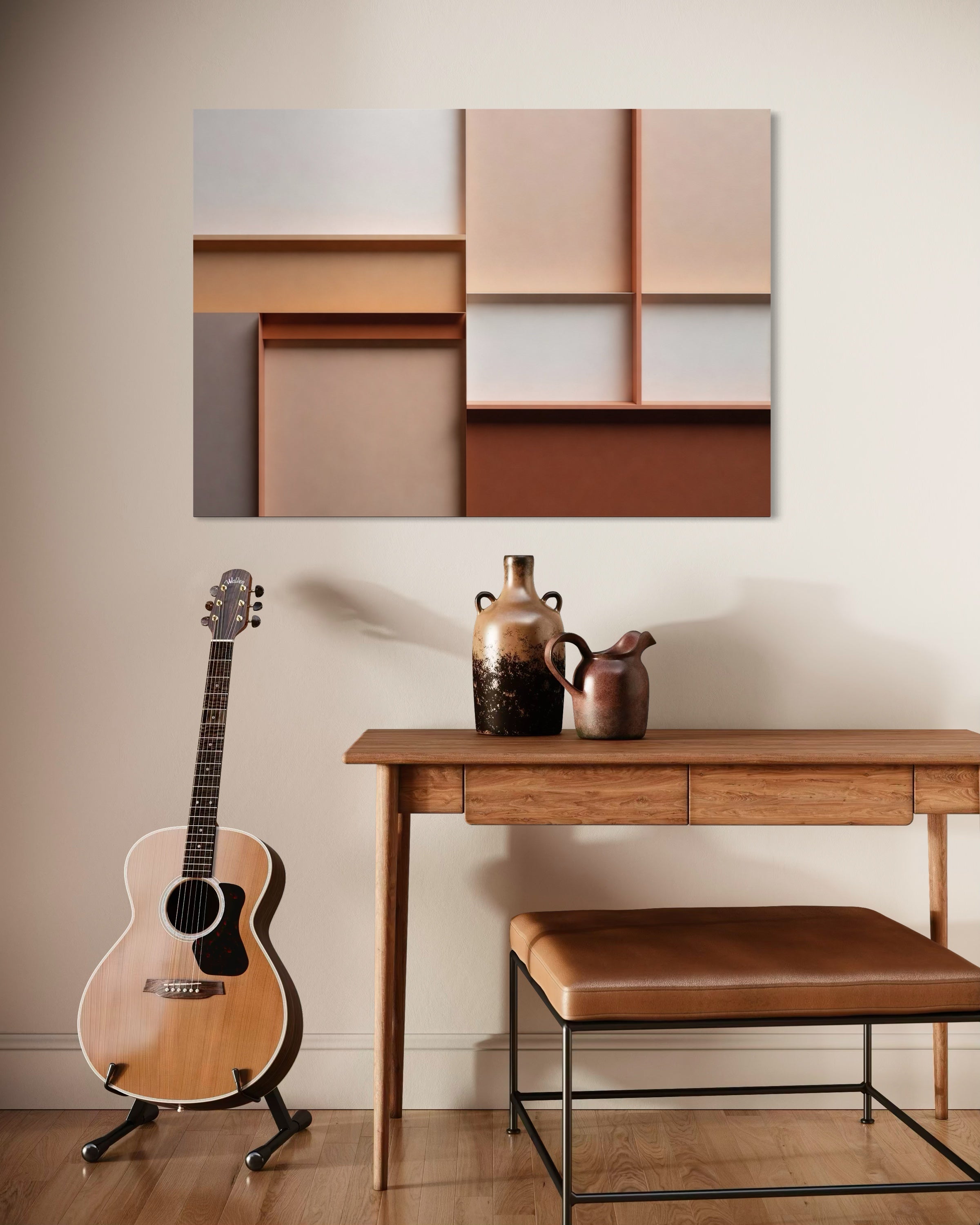 Architettura del Calore: quadro con ripiani geometrici in tonalità calde
