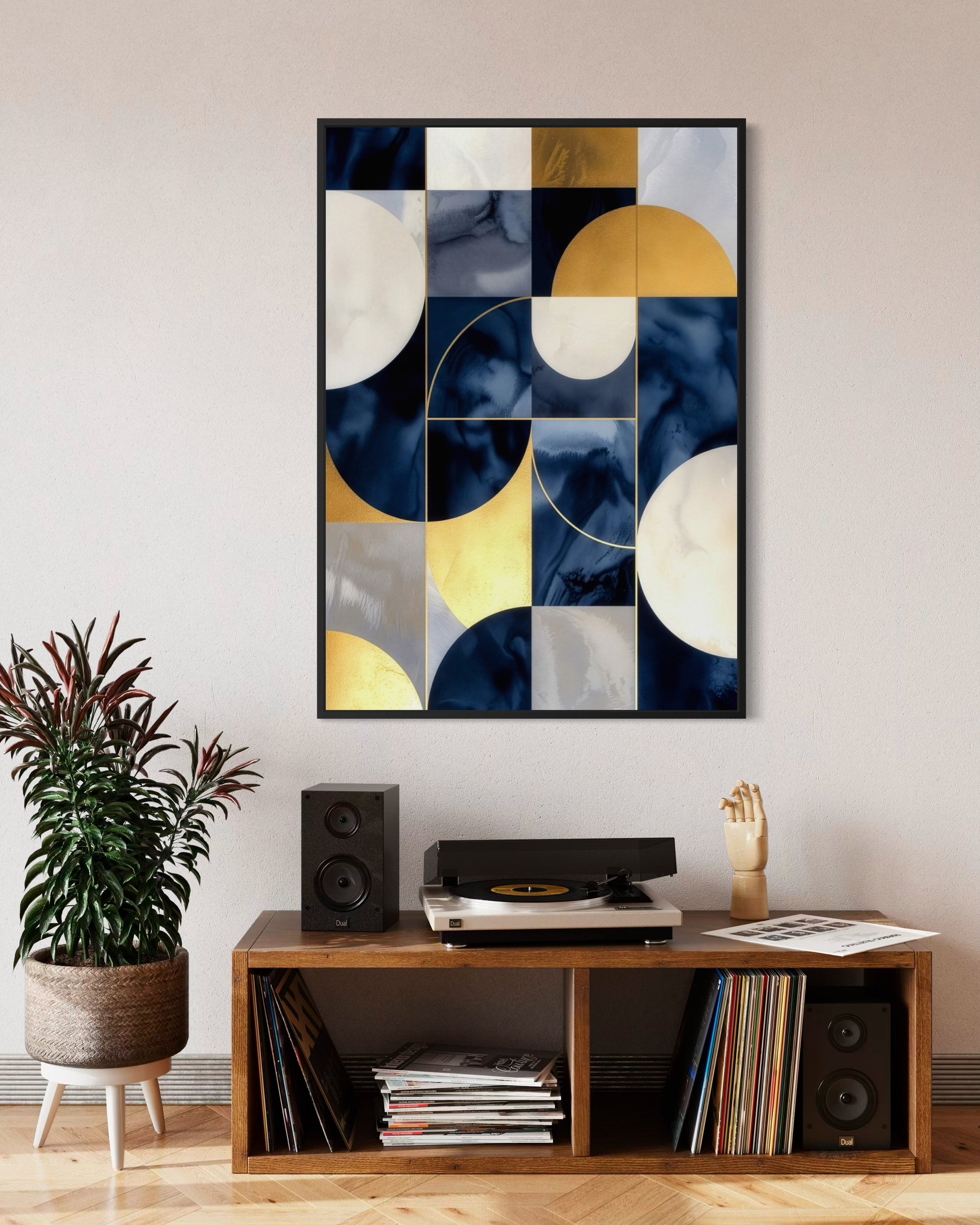 Il Flusso dell'Oro: quadro astratto con cerchi in blu, oro e bianco, cornice nera