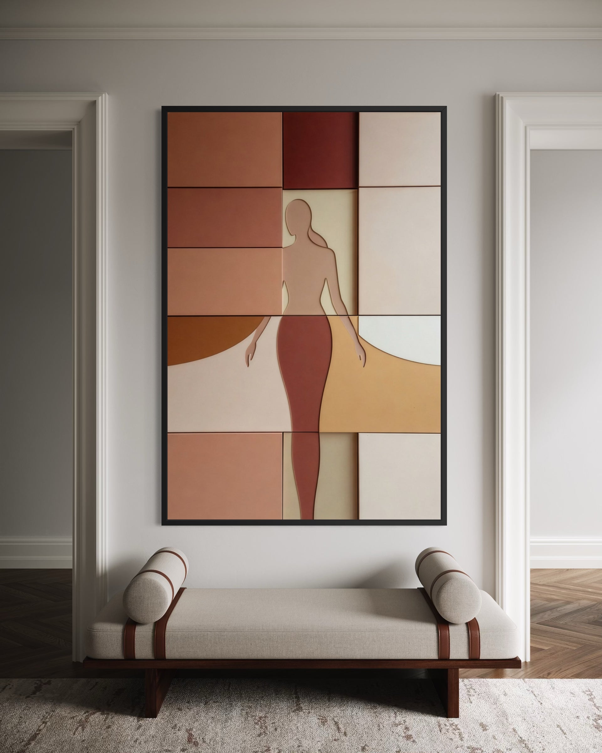 Architettura del Corpo: figura femminile astratta in pannelli geometrici, telaio nero