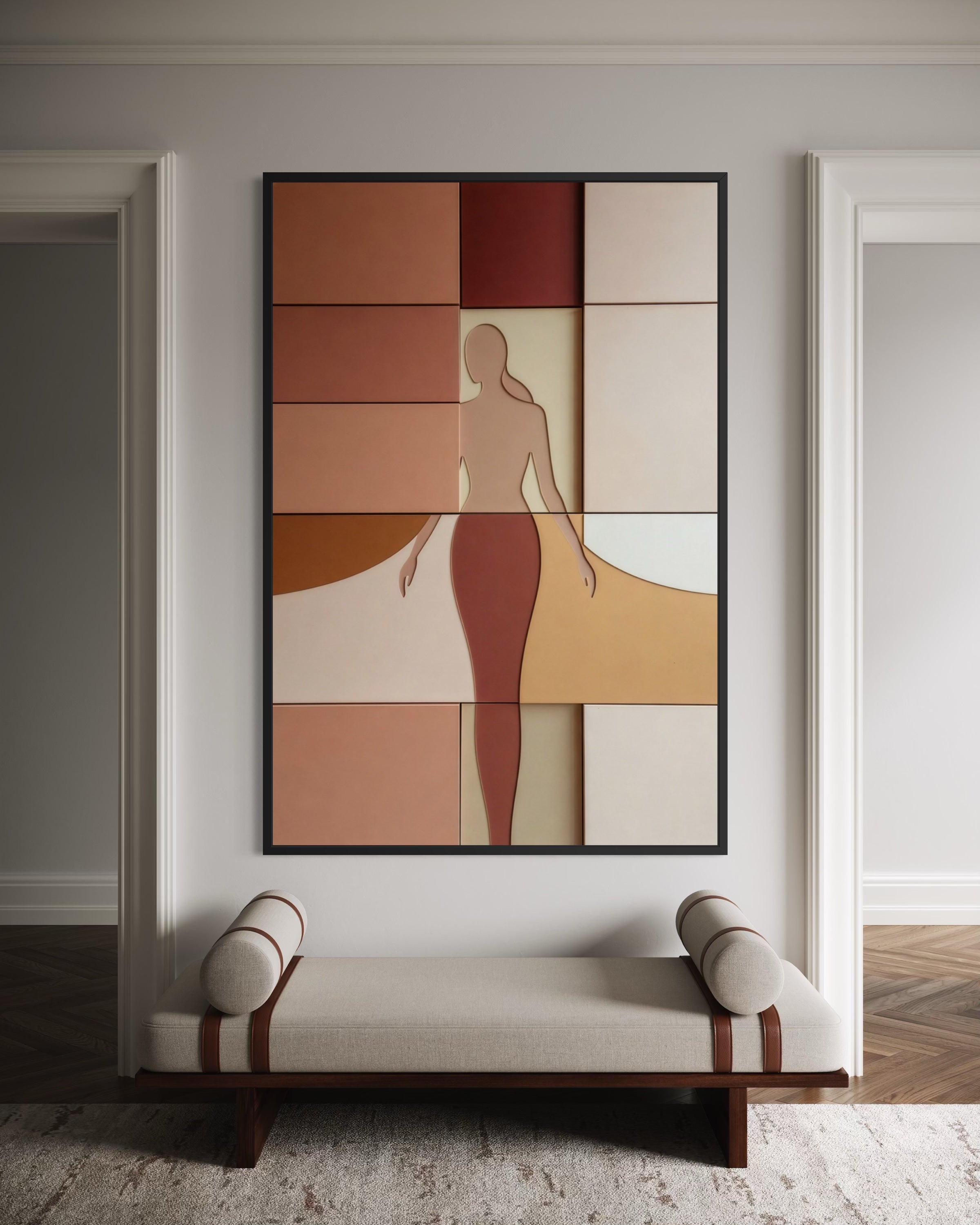 Architettura del Corpo: figura femminile astratta in pannelli geometrici, telaio nero