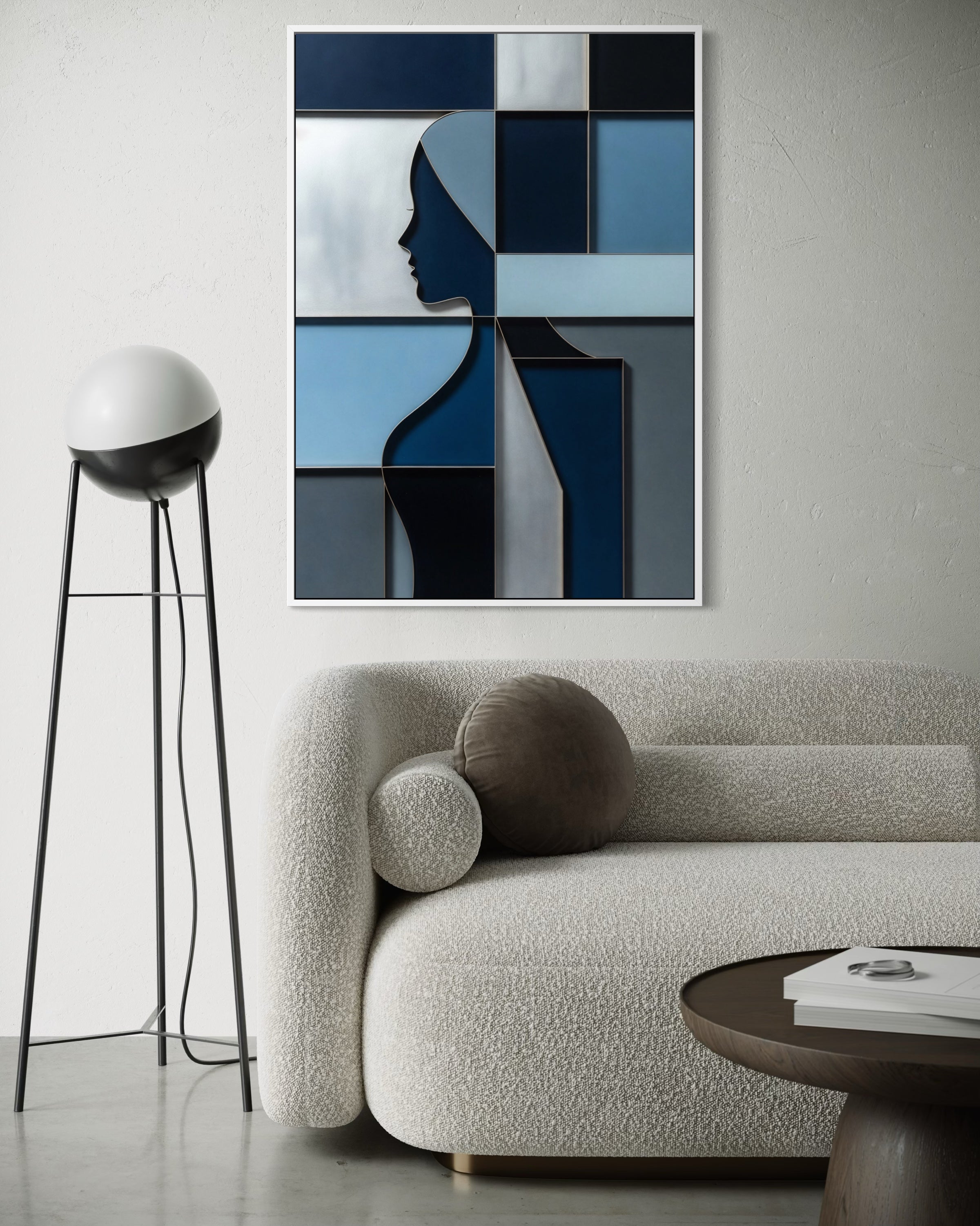 Architettura di un Pensiero, quadro astratto con profilo e cornice bianca