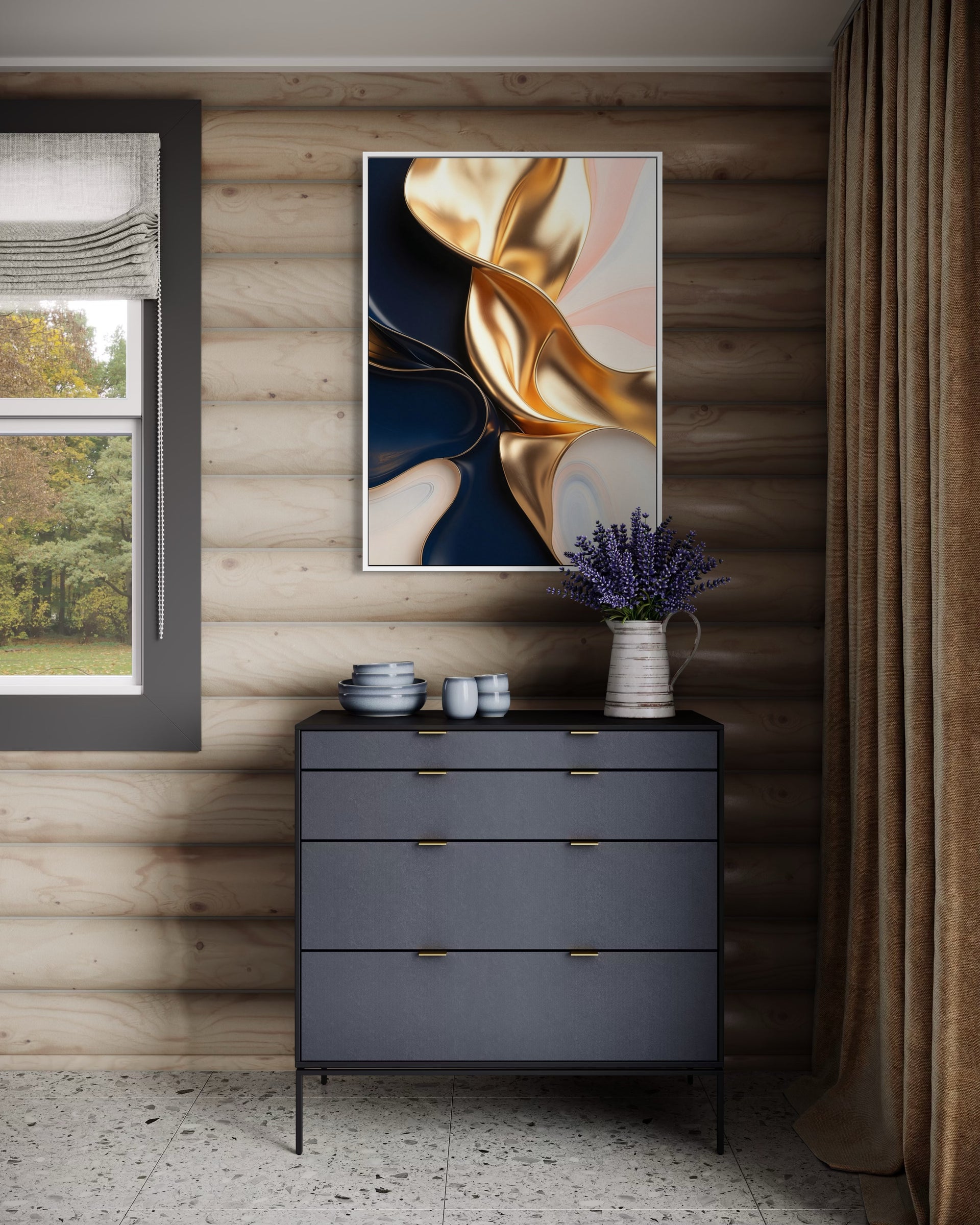 Quadro astratto con linee fluenti oro e blu cobalto in cornice scura