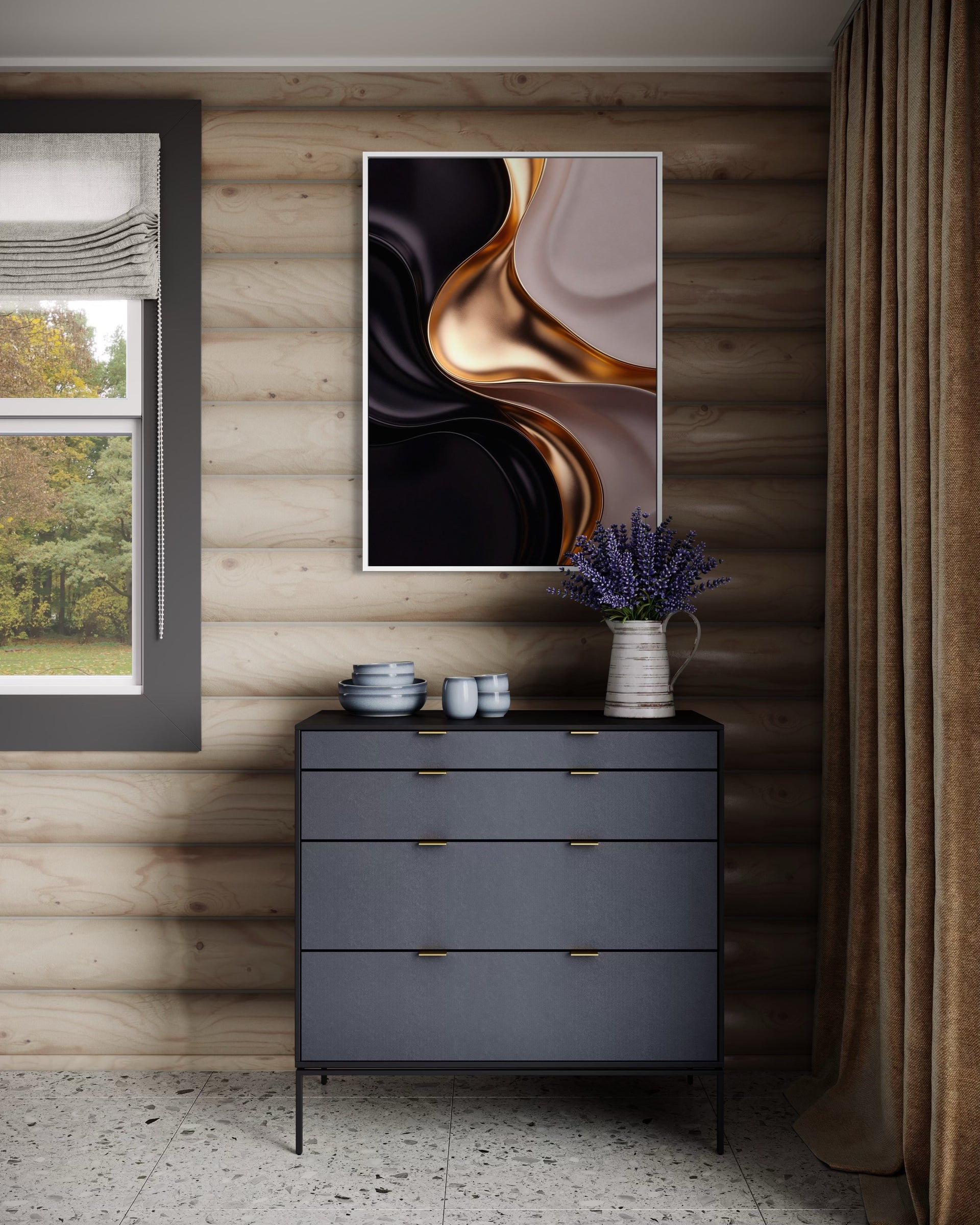 Quadro astratto oro e blu cobalto con curve armoniose in cornice scura