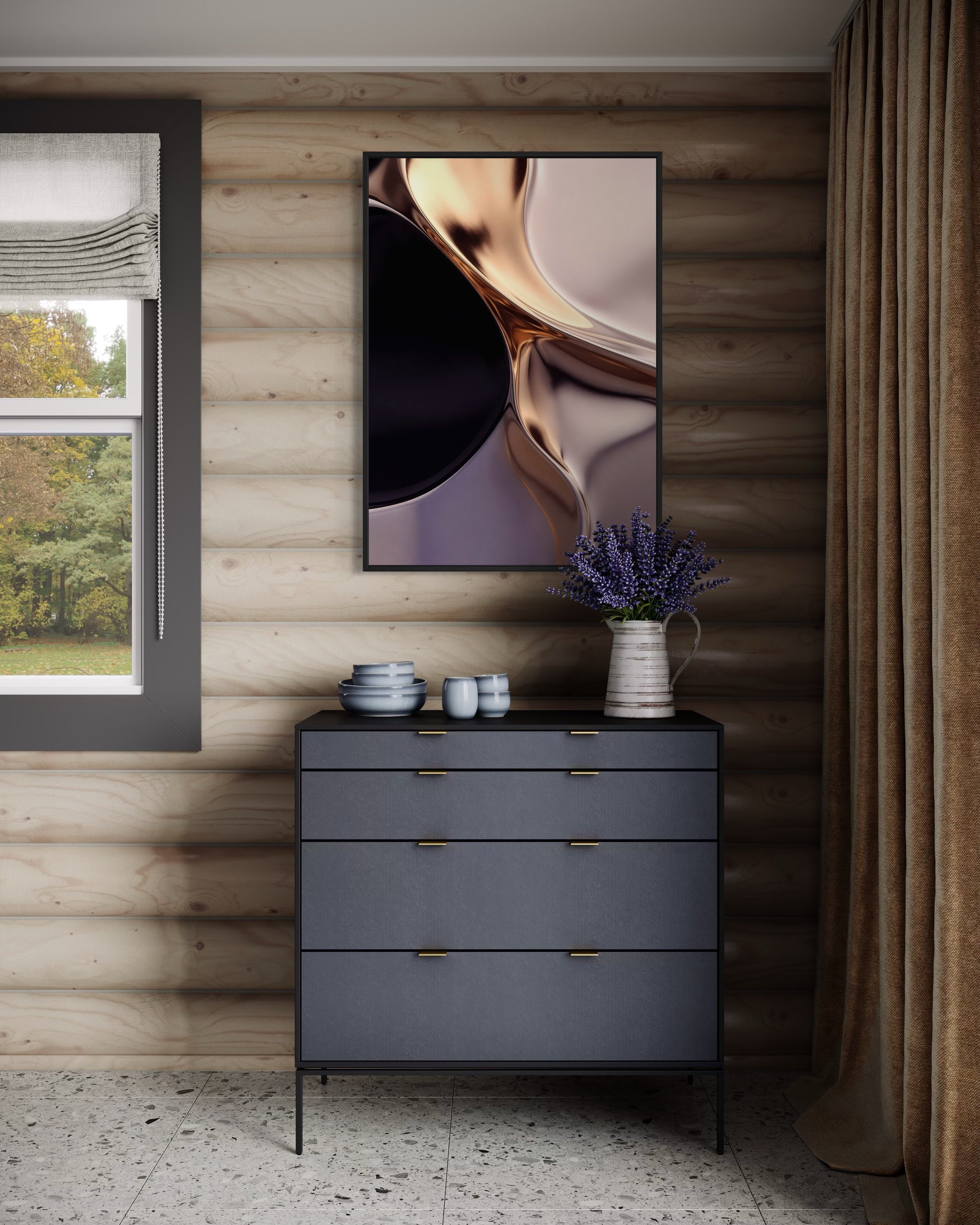 Quadro decorativo astratto con riflessi oro e toni blu in cornice scura