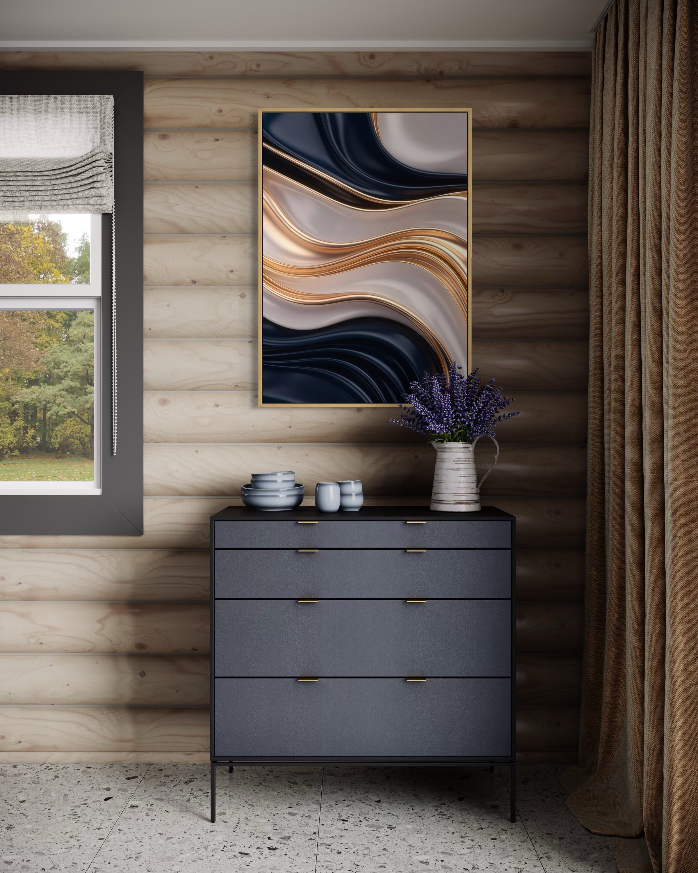 Quadro astratto con onde oro, beige e blu cobalto, cornice dorata