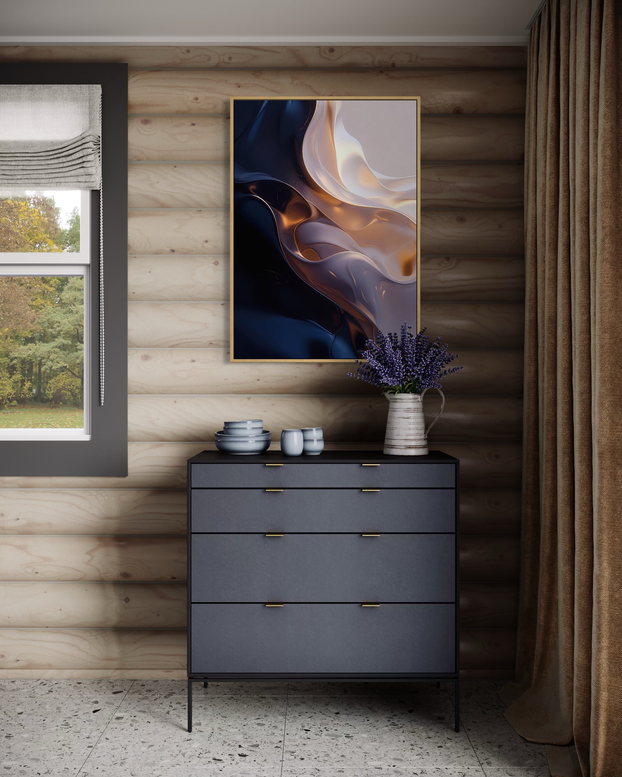 Quadro astratto con finiture oro e blu cobalto, cornice scura