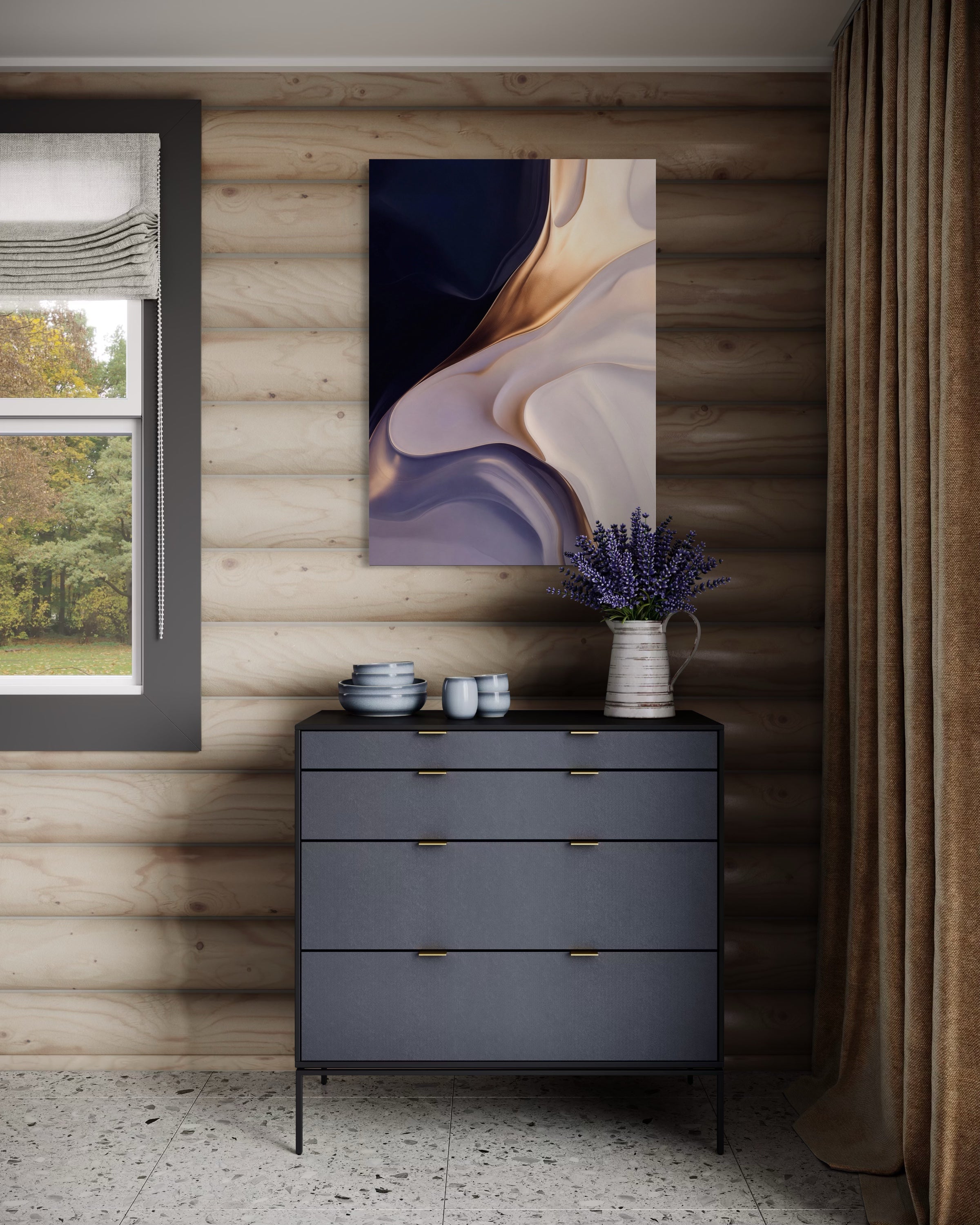 Quadro astratto oro e blu cobalto con forme morbide, cornice scura