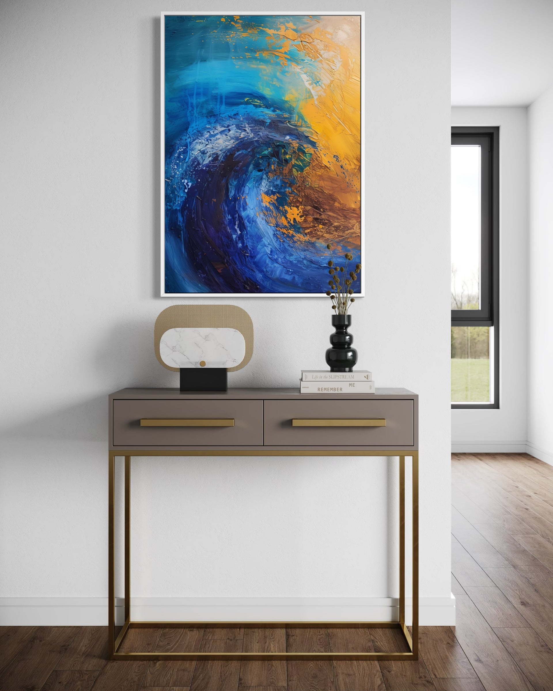 L'Onda d'Oro con telaio nero, astratto blu e oro, composizione verticale