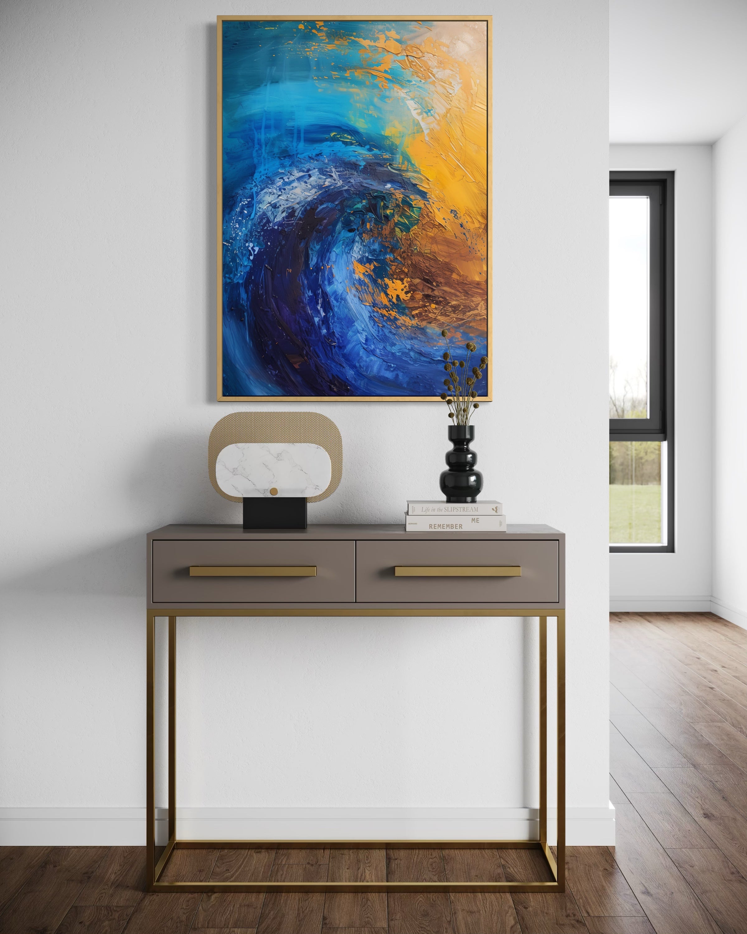 L'Onda d'Oro con cornice nera, onde astratte blu e oro, verticale