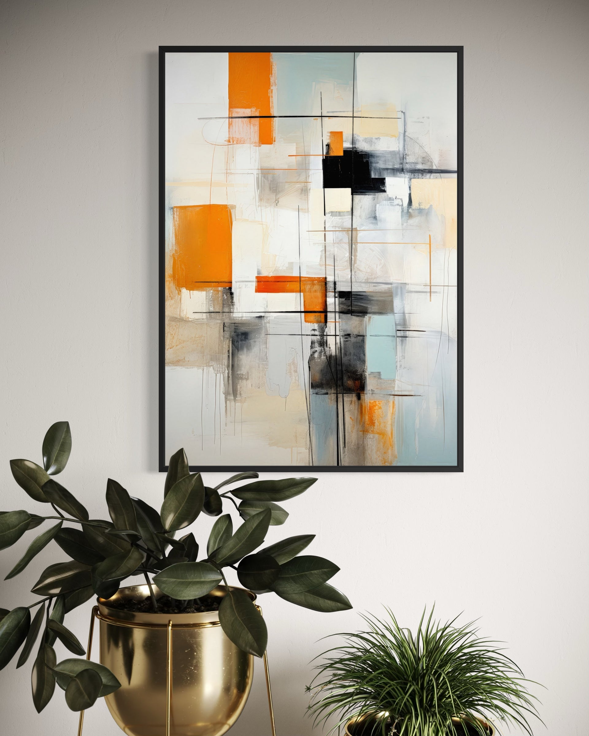 Geometrie d'Arancio, cornice nera: rettangoli e linee arancione, grigio e bianco
