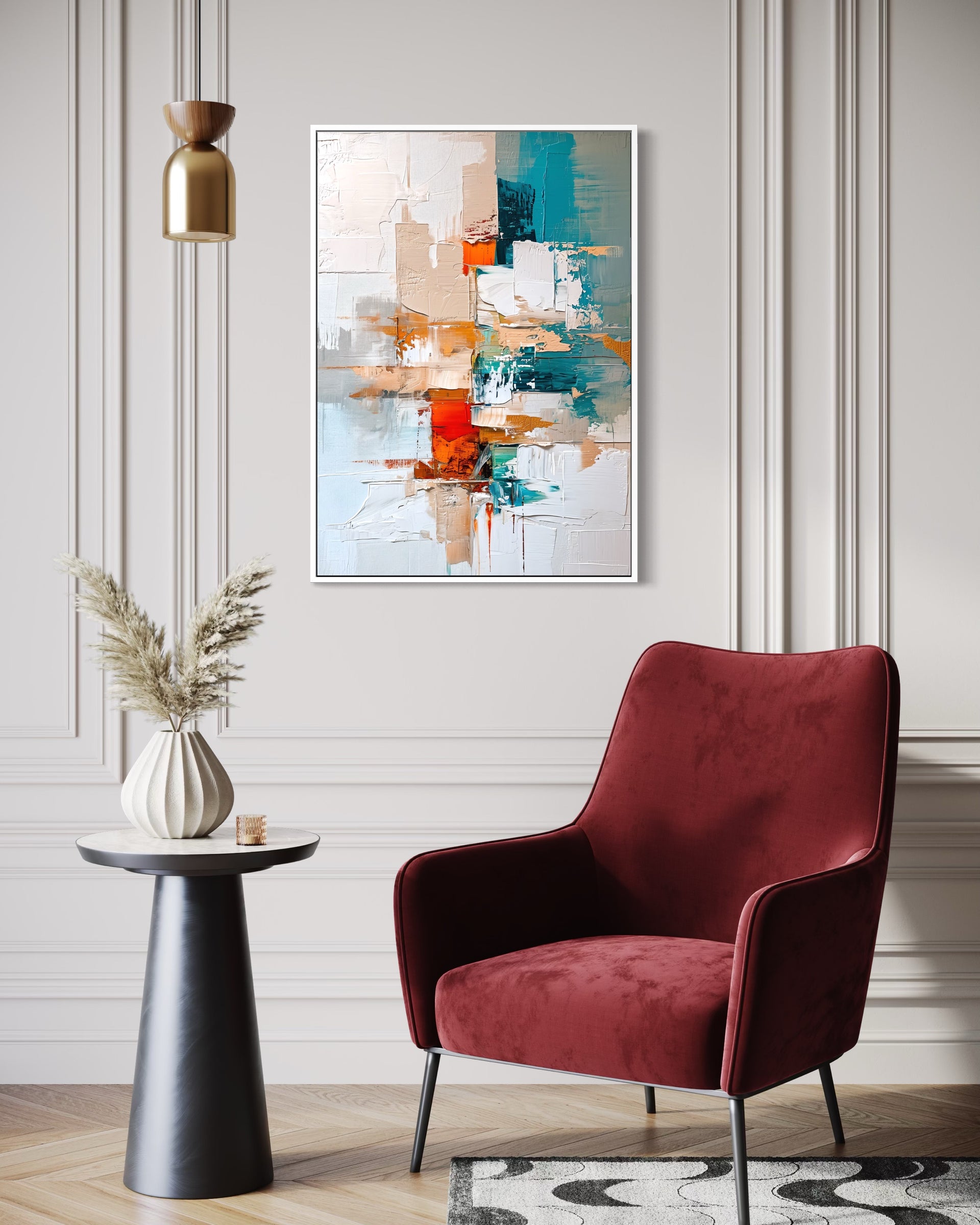 Quadro astratto con telaio bianco, macchie blu, arancio e rosso.