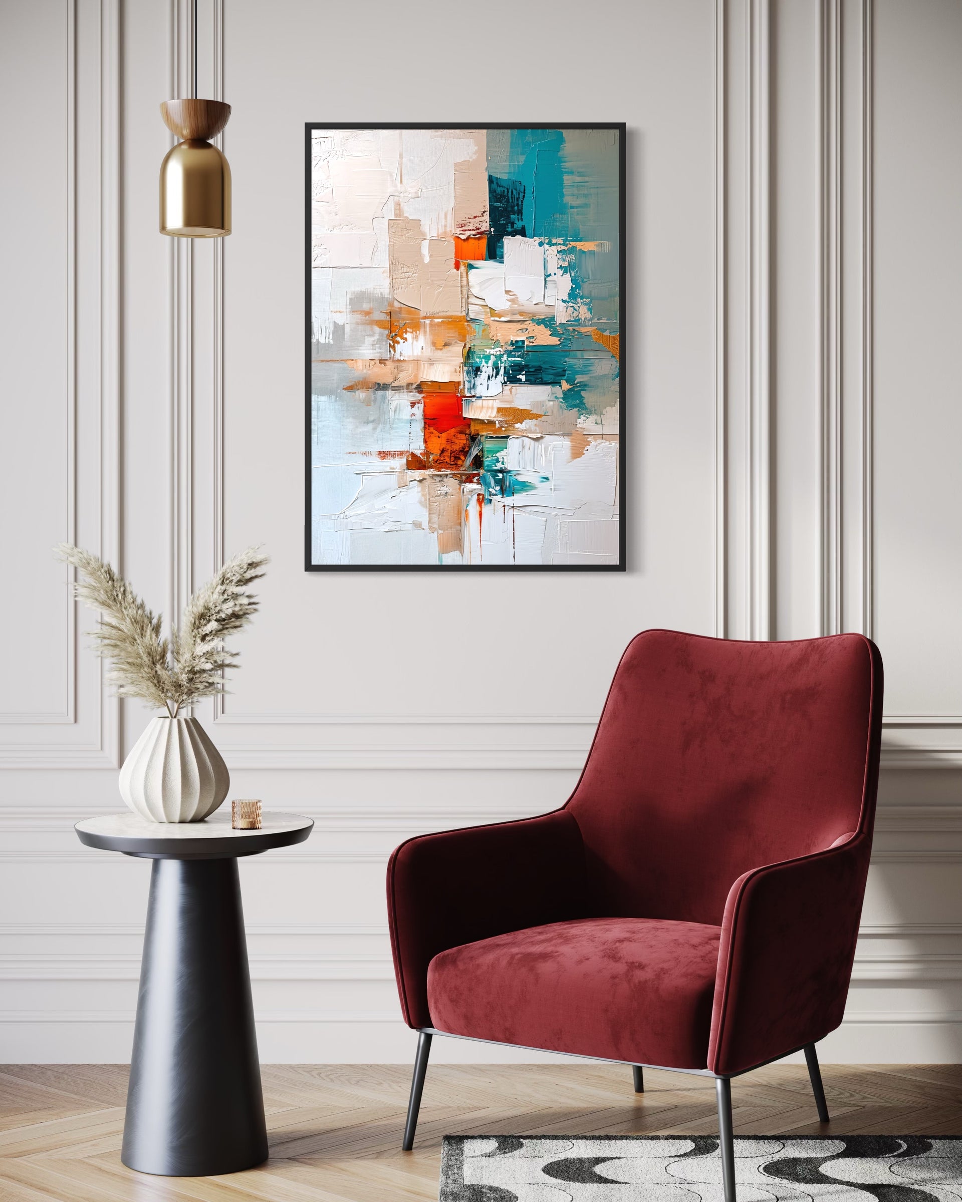 Quadro astratto con telaio nero, macchie blu, arancio e rosso.