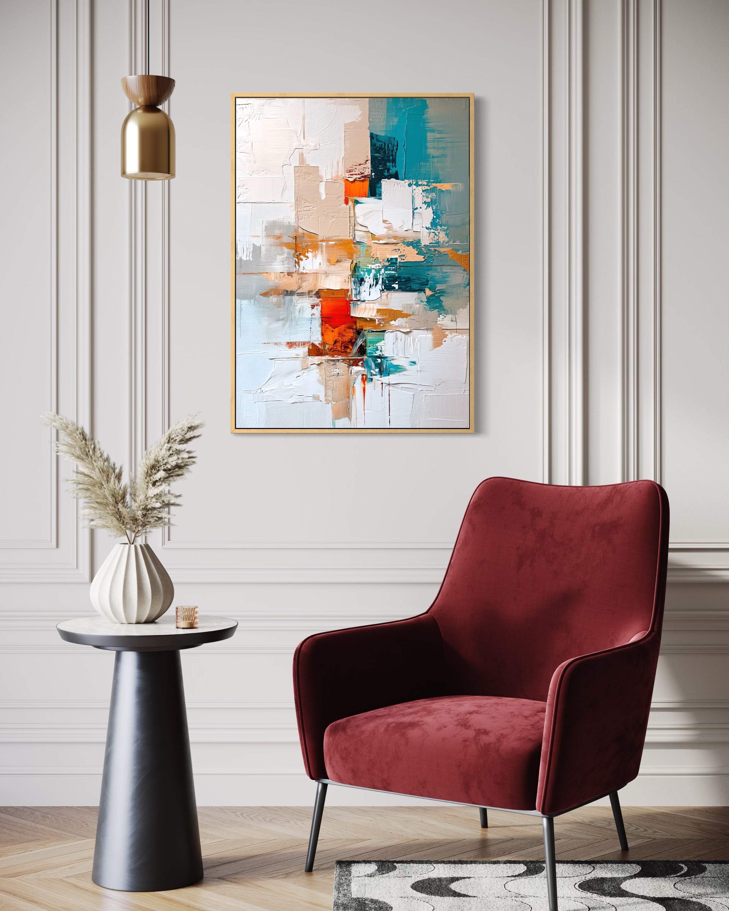 Quadro astratto con telaio oro, macchie blu, arancio e rosso.