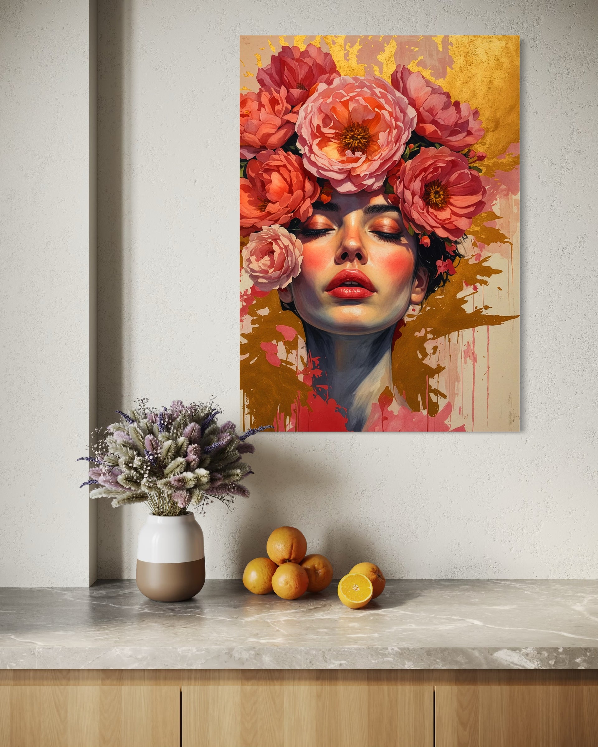 Il Risveglio della Flora: ritratto con fiori rosa, cornice Telaio