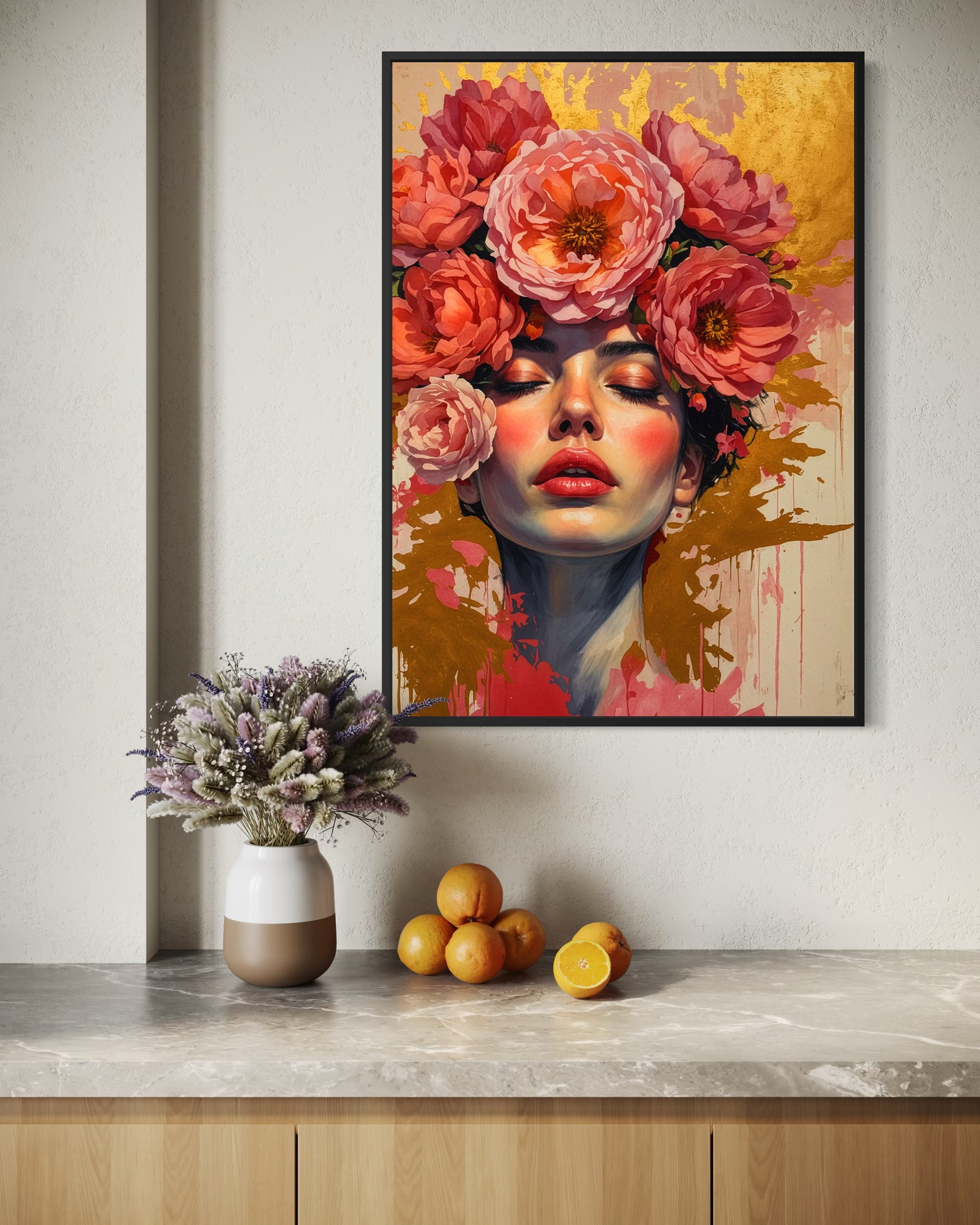 Il Risveglio della Flora: ritratto con fiori rosa, cornice nera