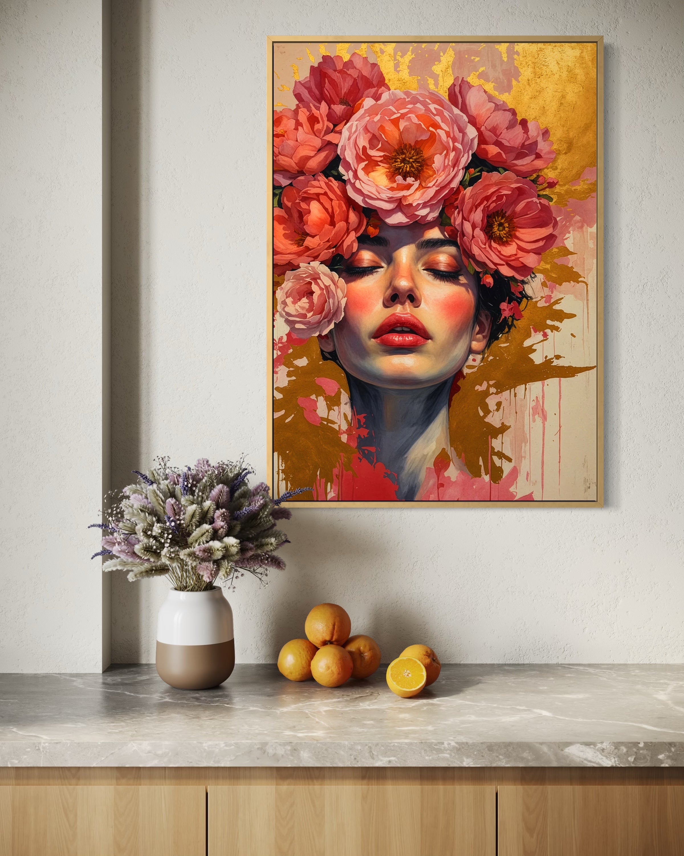 Stampa su tela con volto femminile e corone di rose, cornice scura