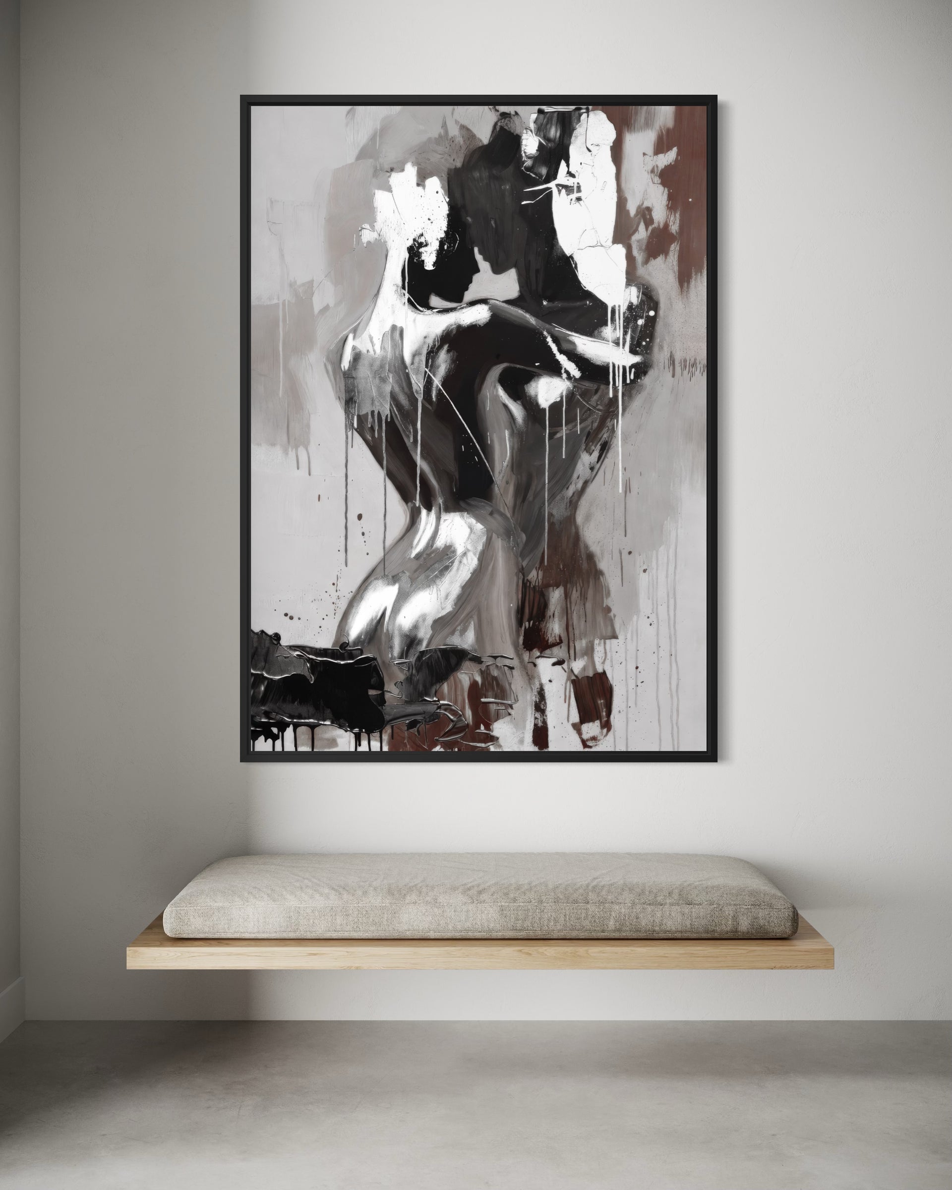 Sintesi di Passione: quadro astratto con figura femminile, cornice nera