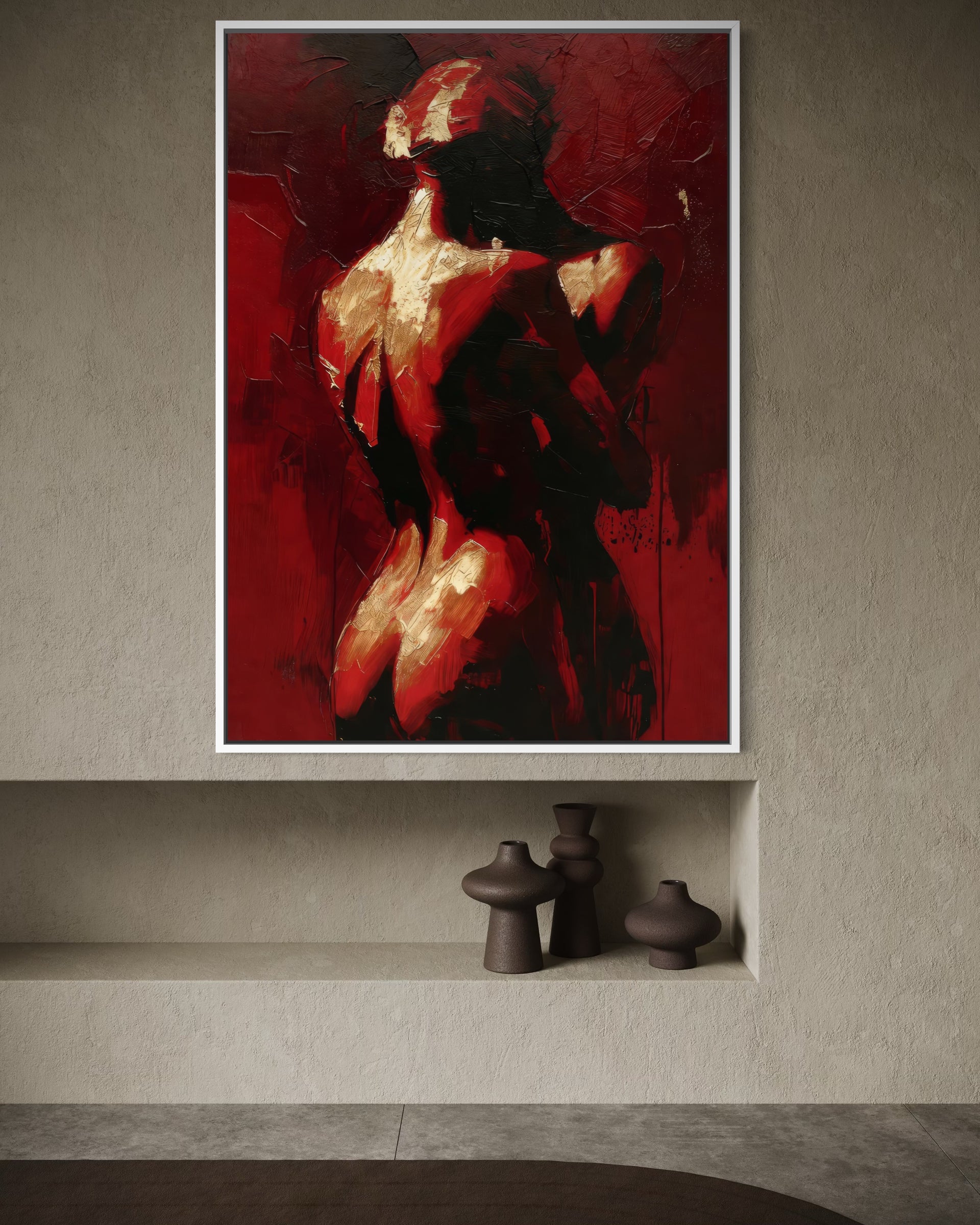 Emozioni Incise: quadro astratto donna, nero e rosso, cornice bianca.