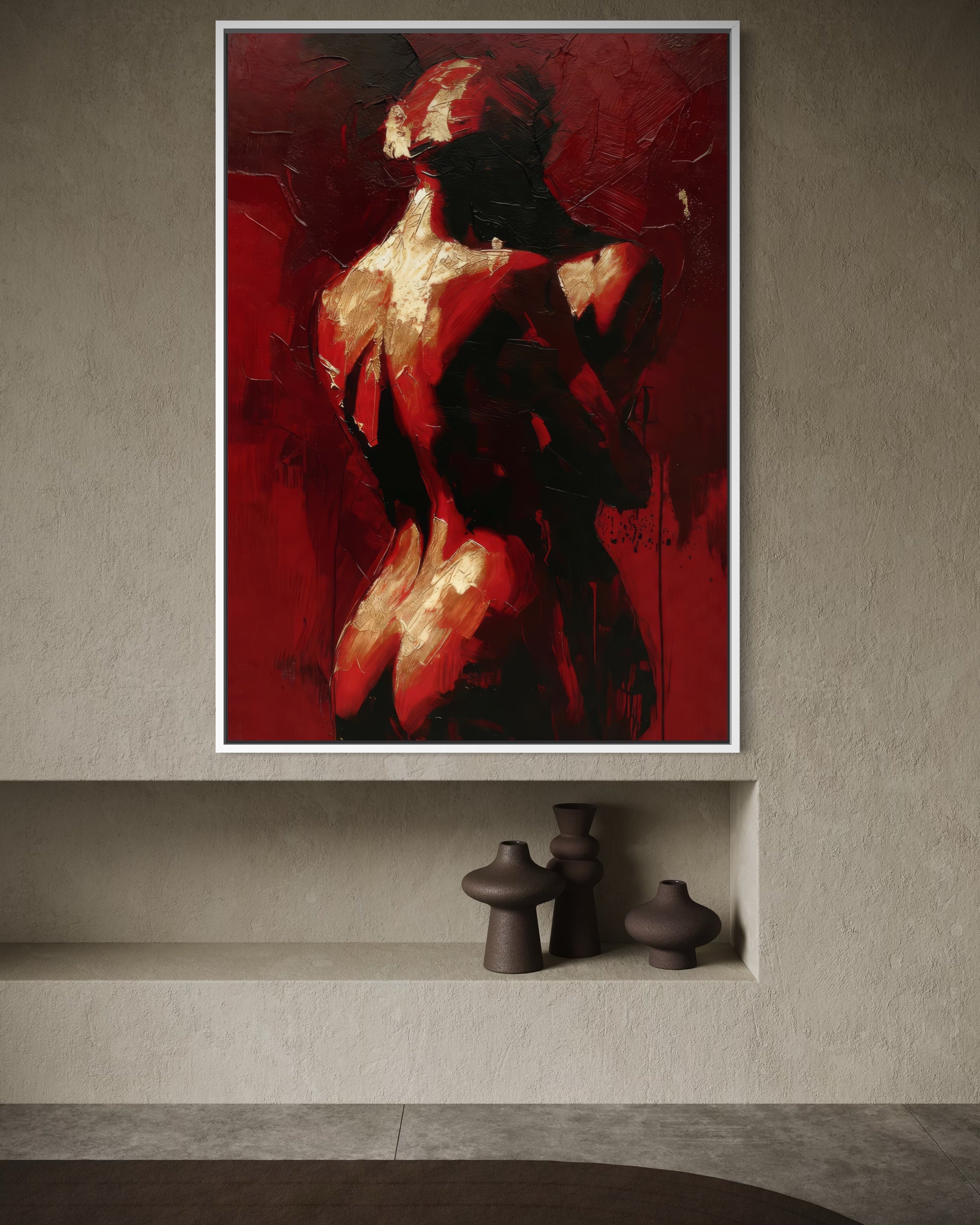Emozioni Incise: quadro astratto donna, nero e rosso, cornice bianca.
