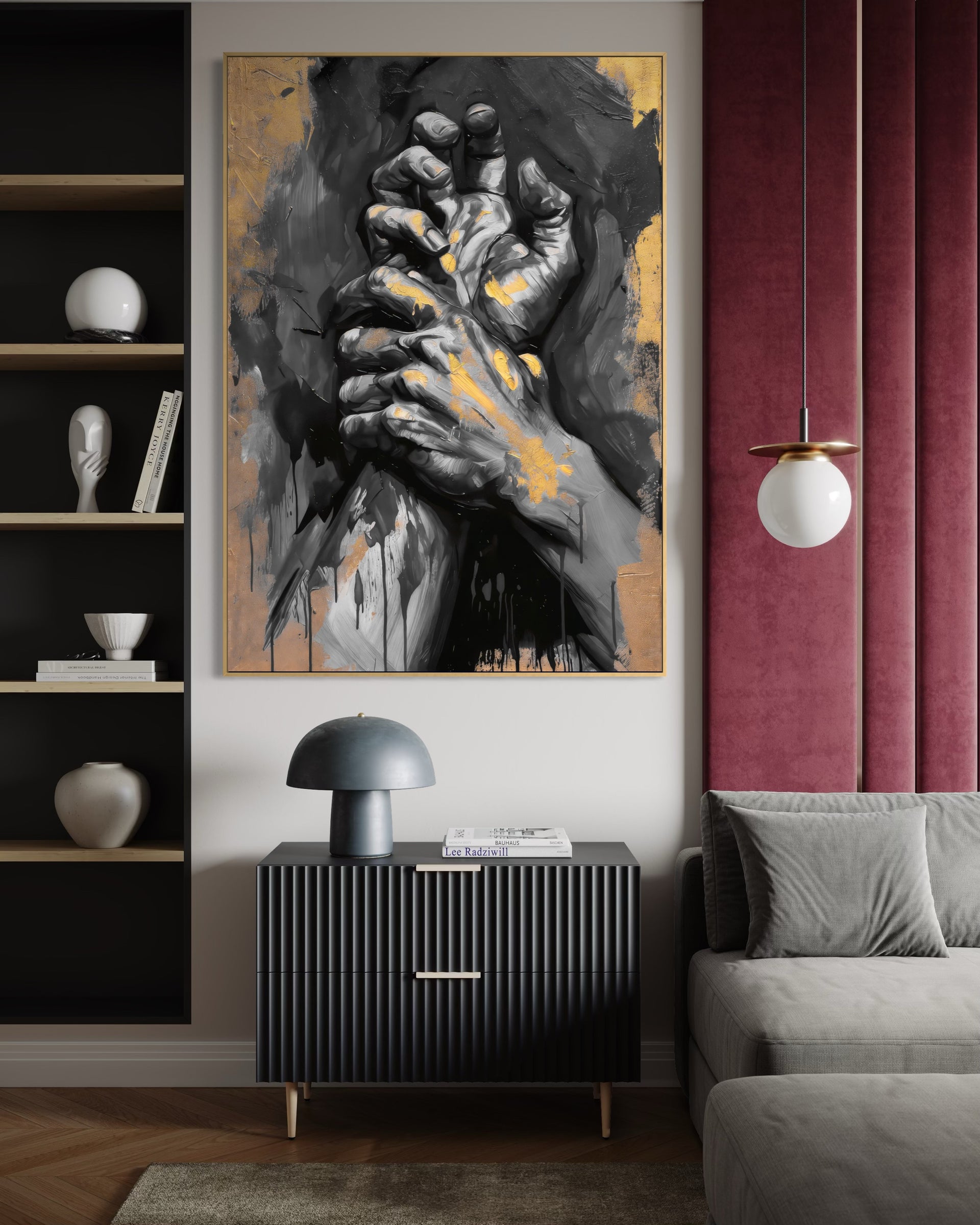 Quadro mani intrecciate, toni scuri con accenti dorati