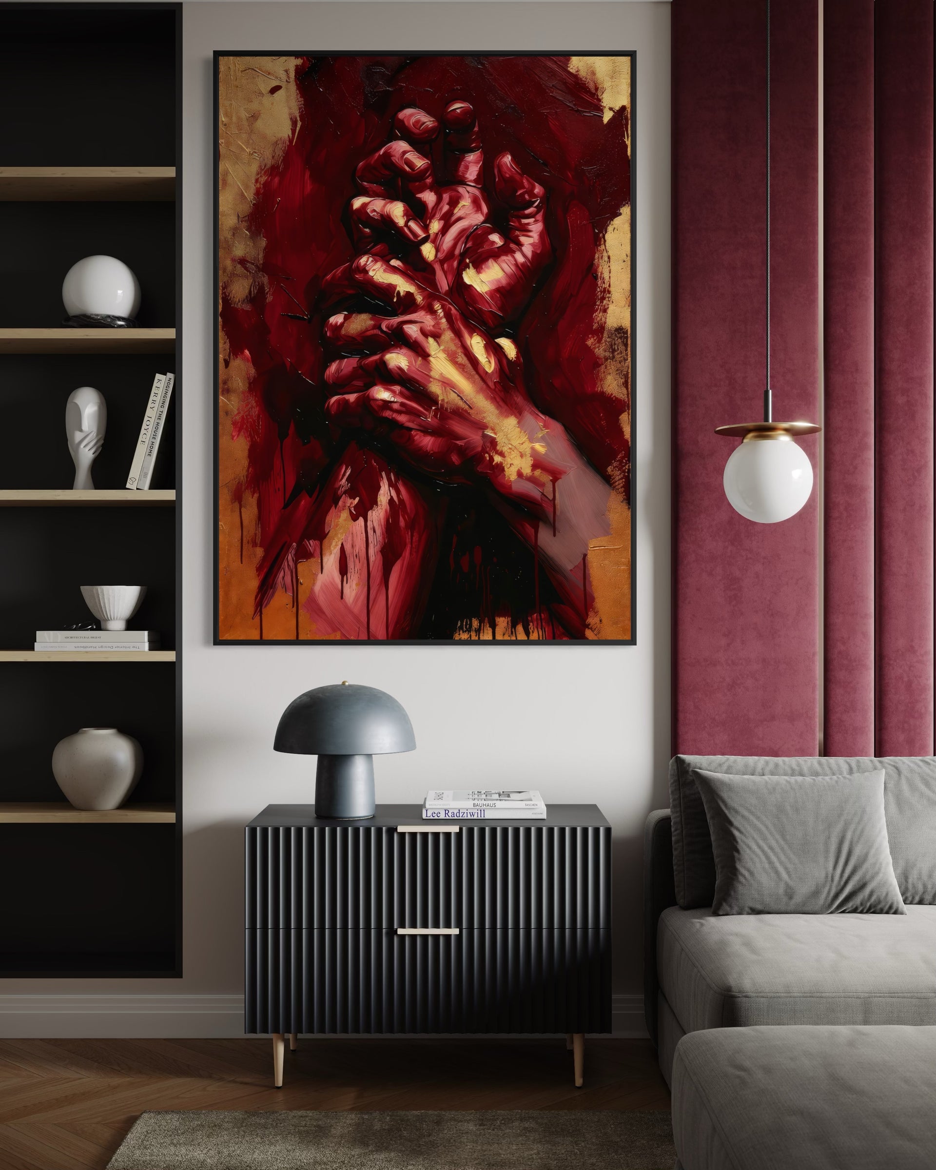 Quadro mani intrecciate, toni rossi con accenti dorati