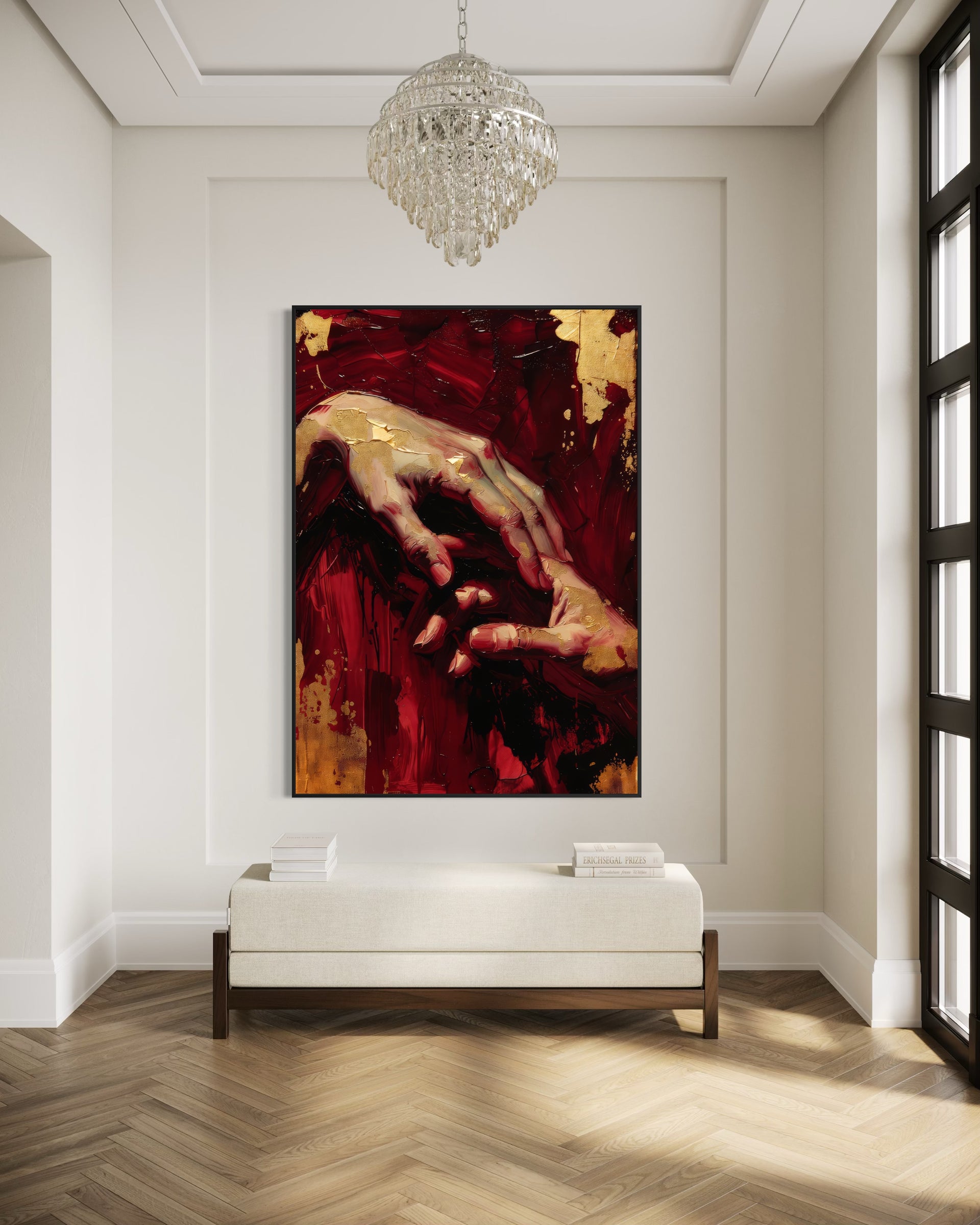 Frammenti di Passione e Oro con mani, fondo rosso e oro, cornice nera