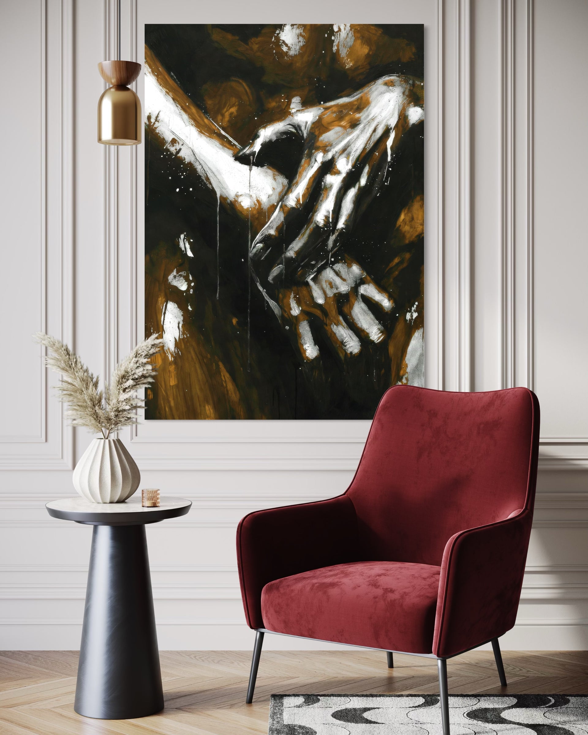 Fusione quadro scuro con figure astratte bianco-oro e pennellate bronzo-rame