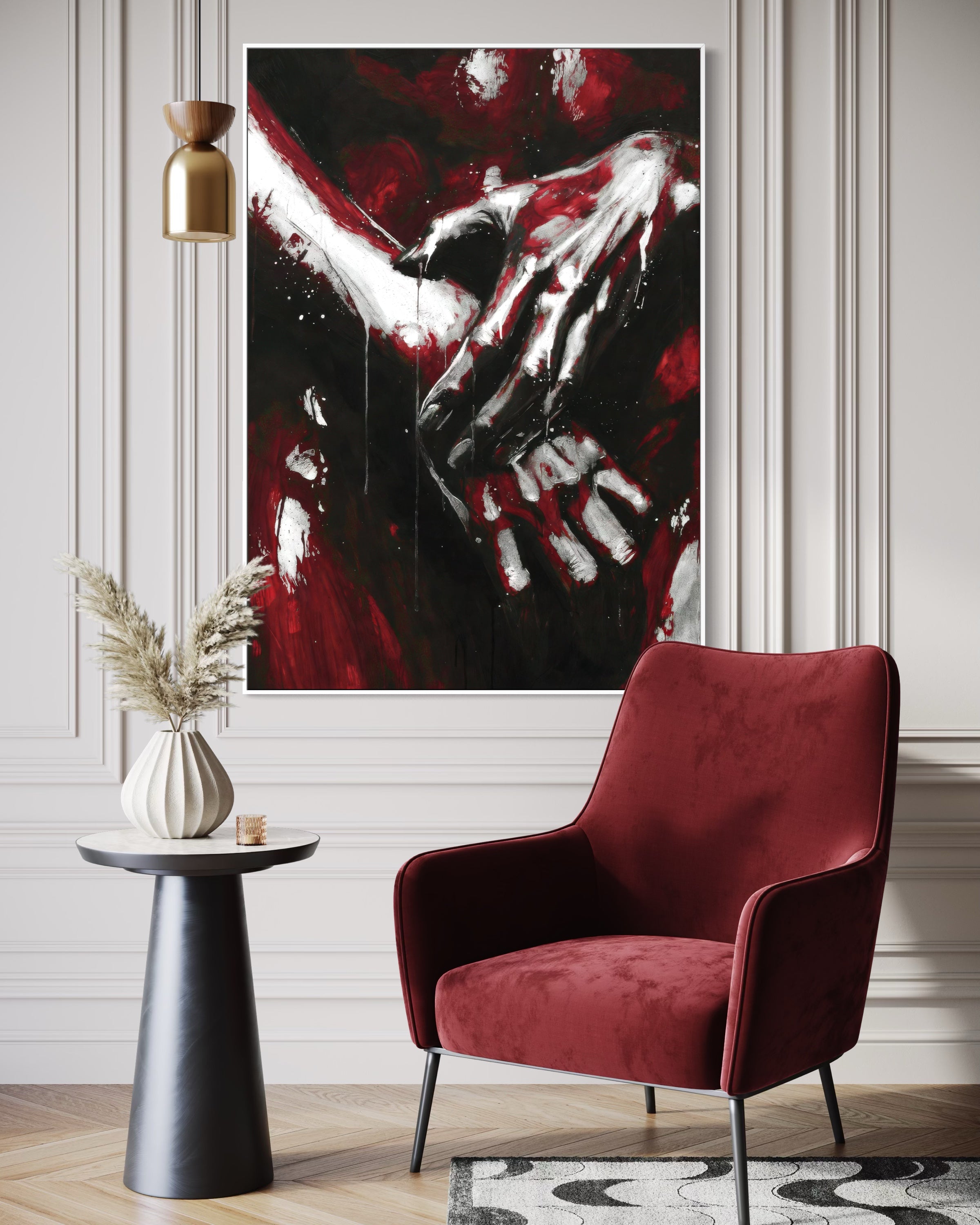 Fusione quadro scuro con figura astratta bianca e spruzzi rosso