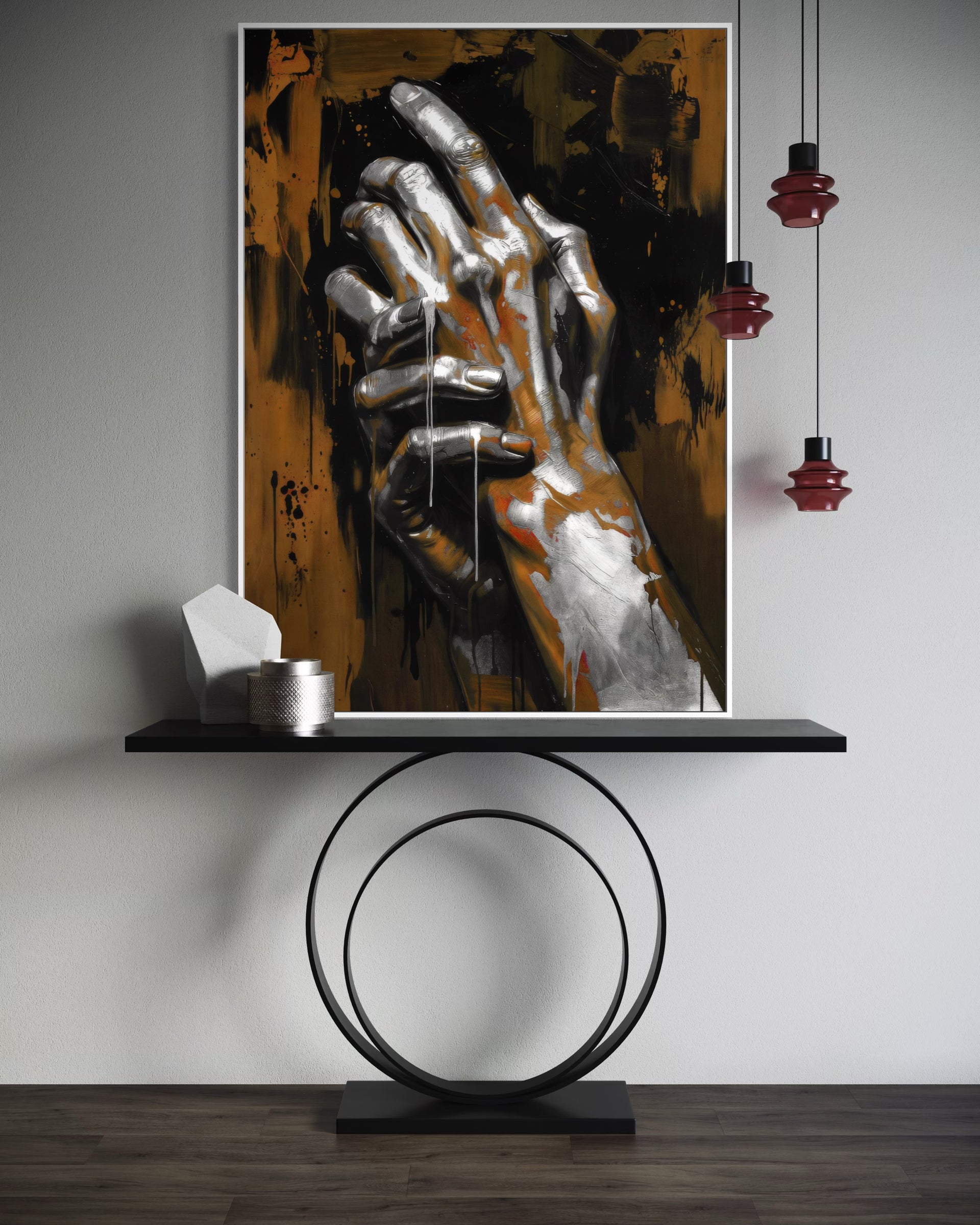 Rosso Vivo Bronzo antico-rame con mano argentata, telaio oro