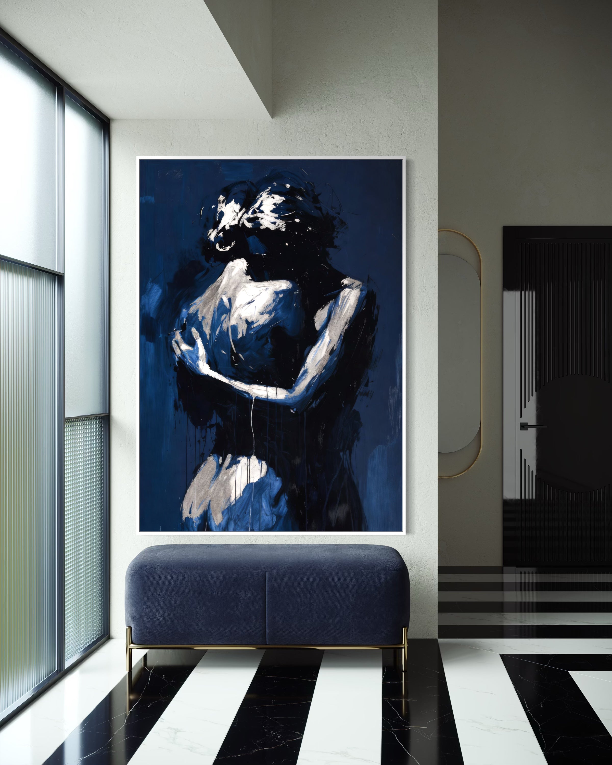 Quadro con cornice scura e stampa astratta su sfondo blu