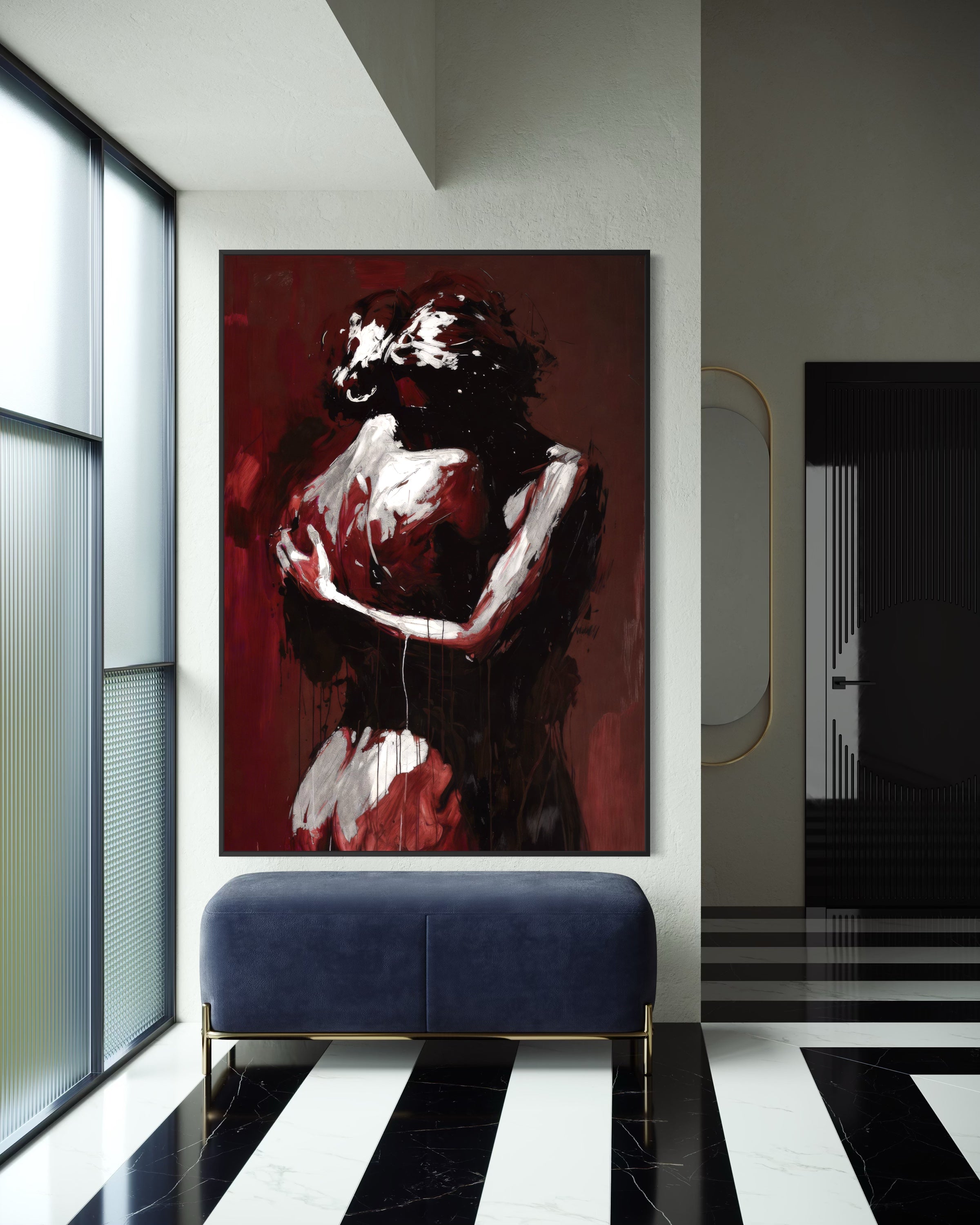 Quadro con cornice scura e stampa astratta su sfondo rosso