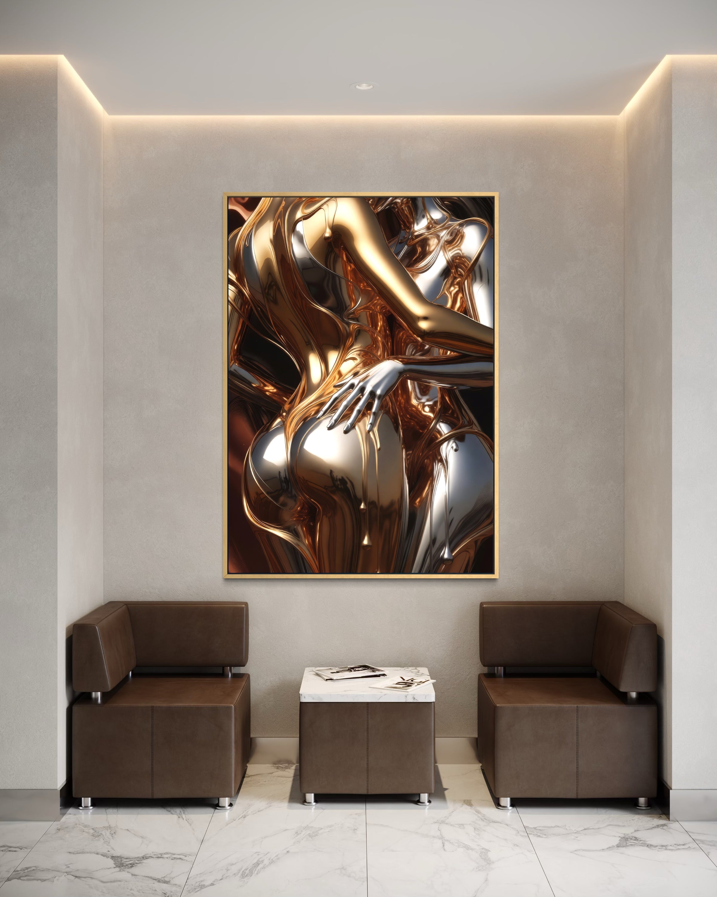 Quadro verticale con motivo astratto cromato e cornice scura