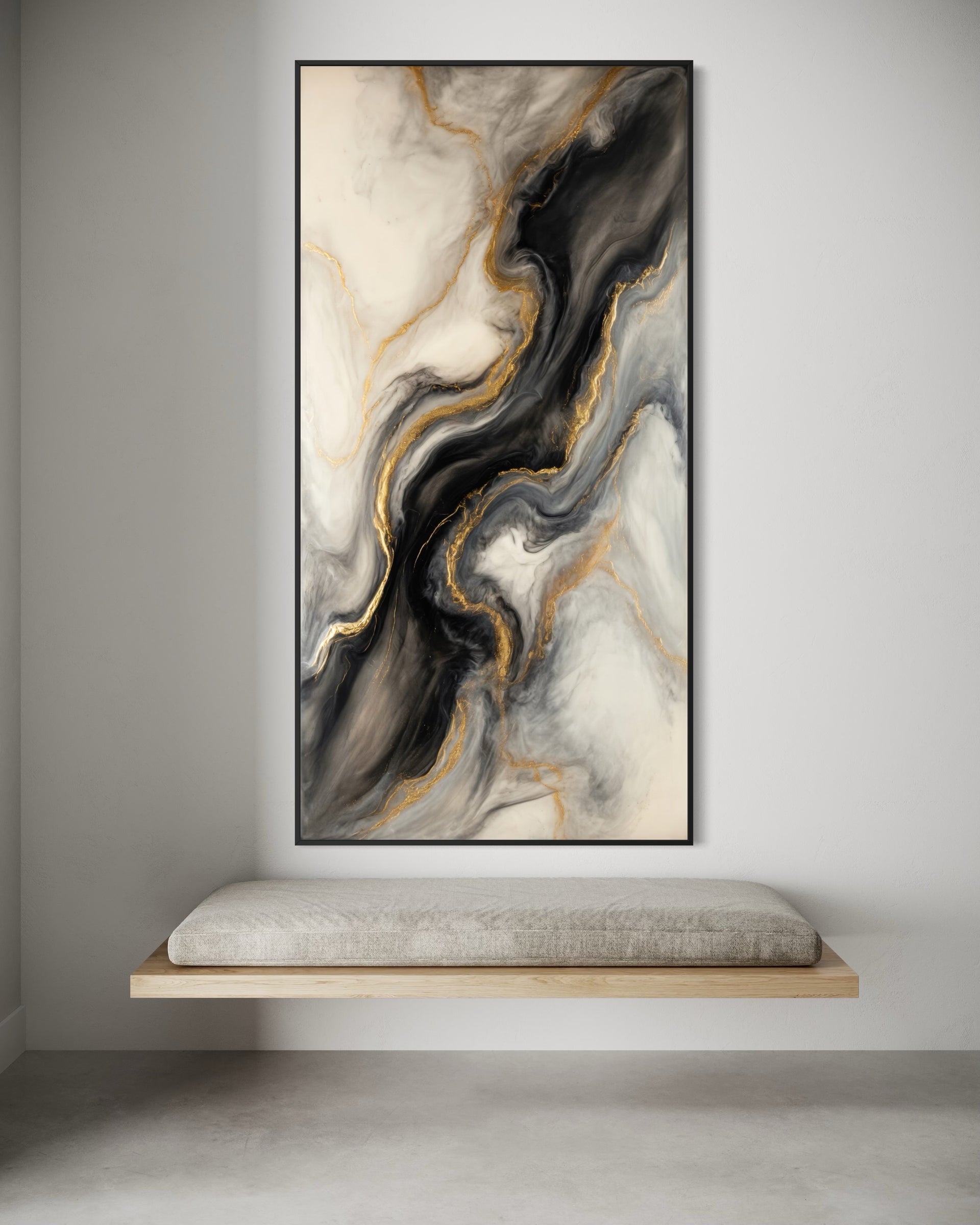 Flusso Primordiale, marbling nero-bianco con venature oro, cornice nera