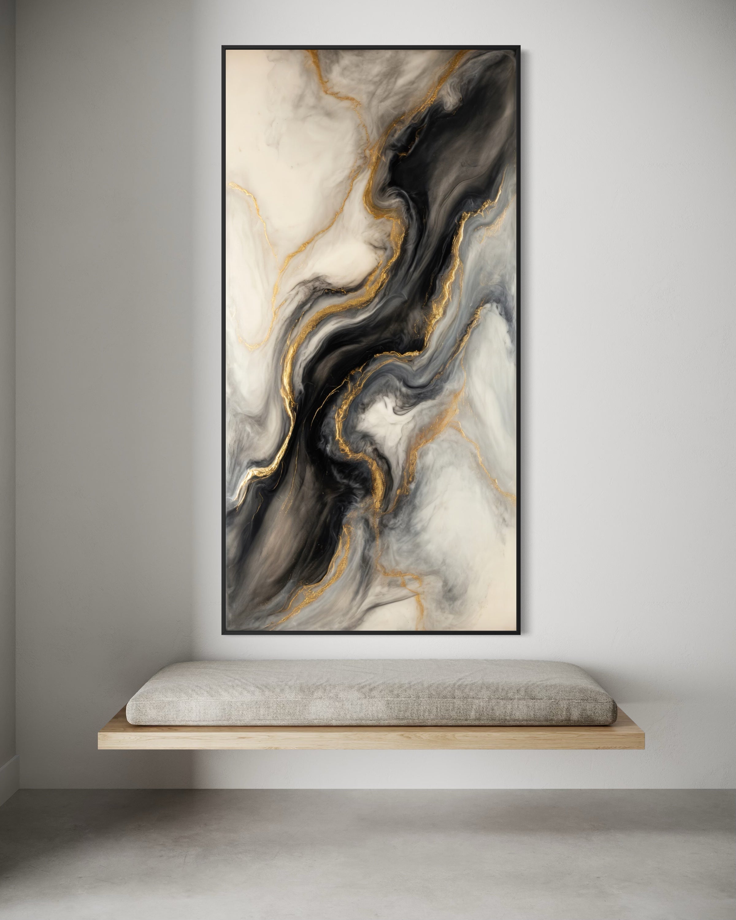Flusso Primordiale, marbling nero-bianco con venature oro, cornice nera