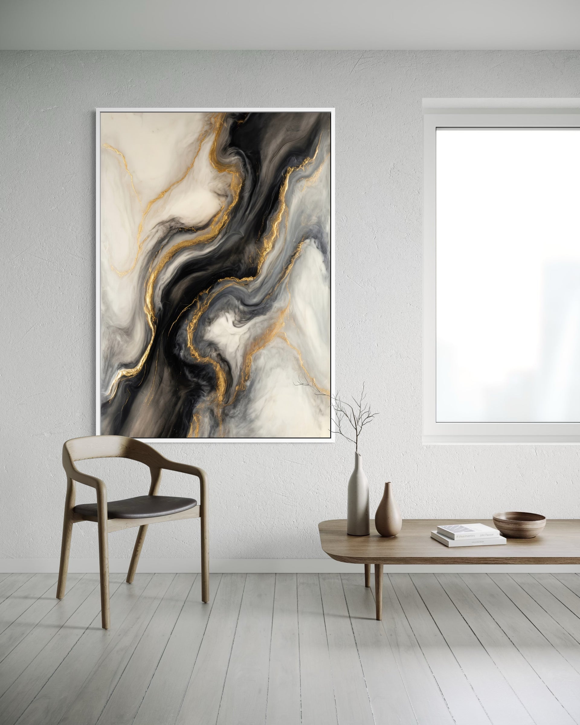 Notte e Oro con telaio bianco: astratto nero, crema e venature dorate.