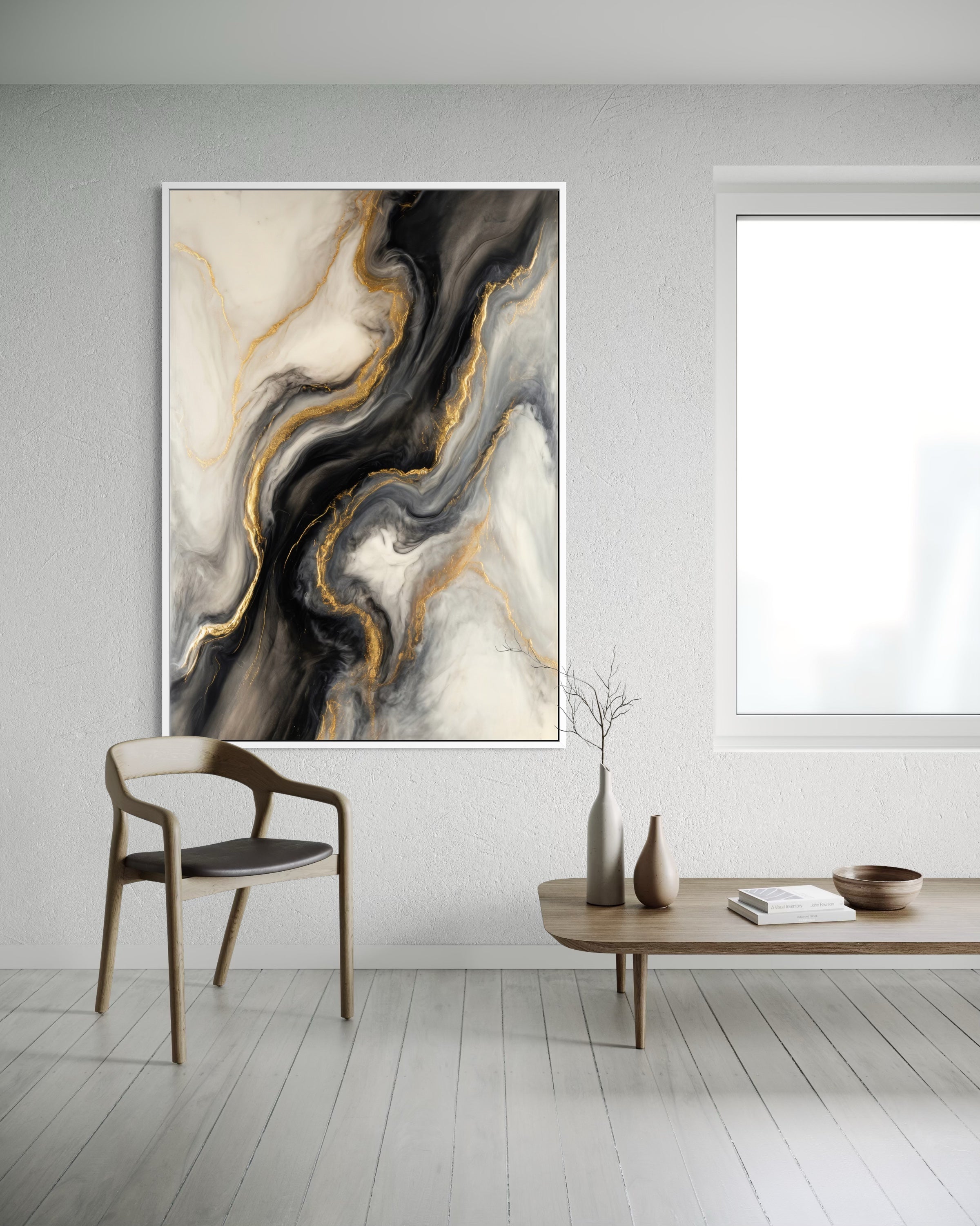 Notte e Oro con telaio bianco: astratto nero, crema e venature dorate.