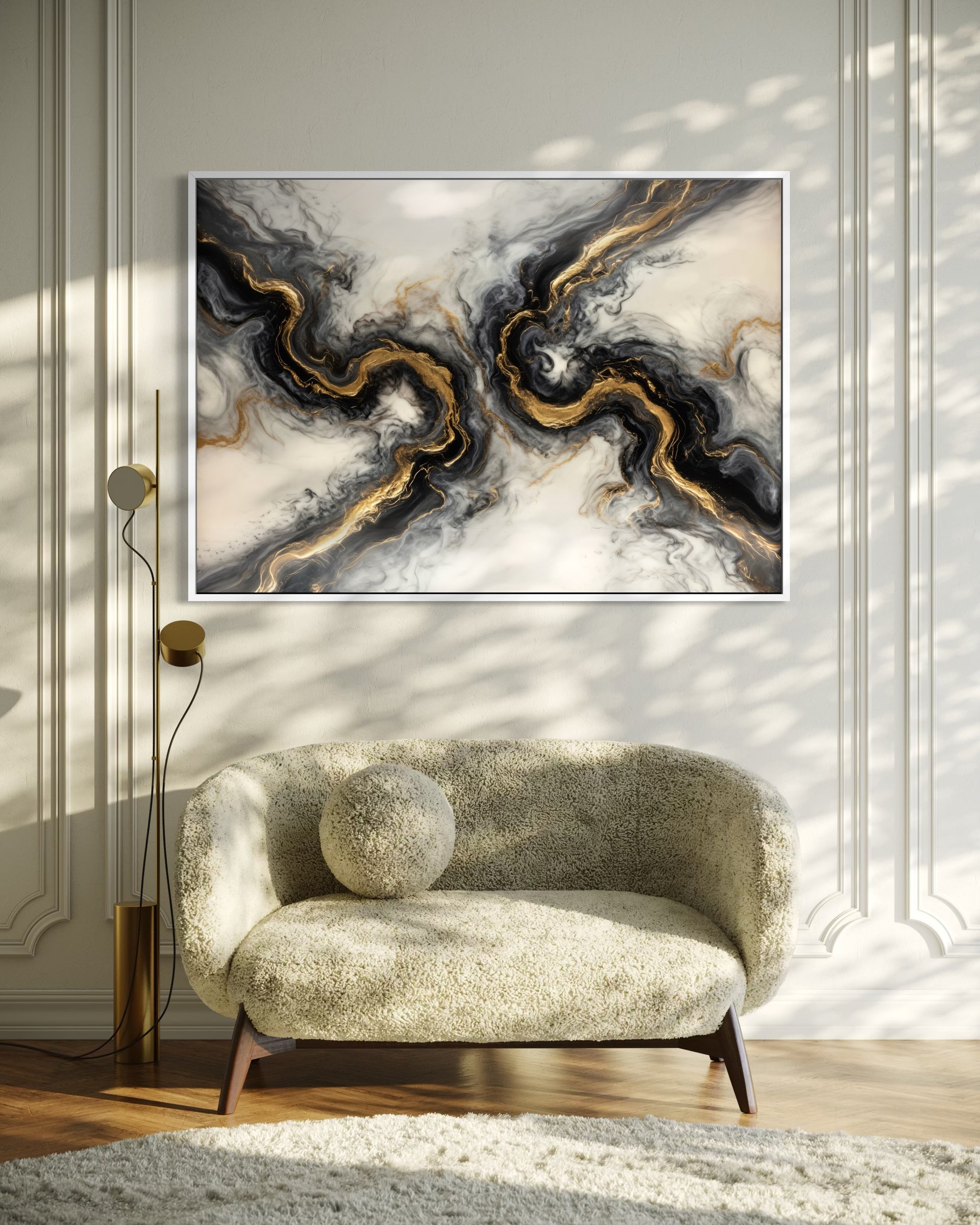 Scorrimento Aureo: opera astratta con venature dorate e cornice rettangolare