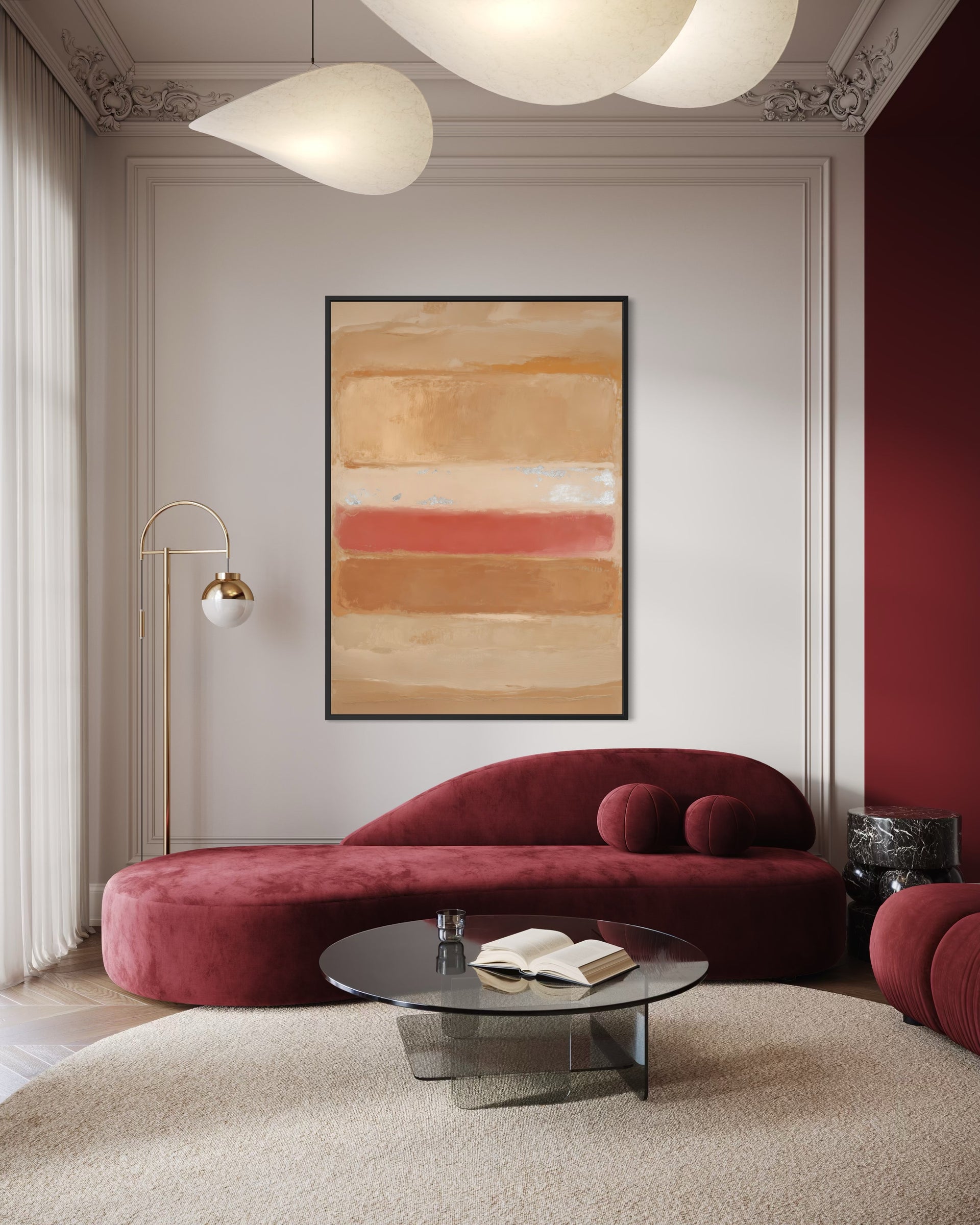 Quadro astratto Sabbia, Corallo e Riflessi d'Argento con cornice nera, toni beige e rosa