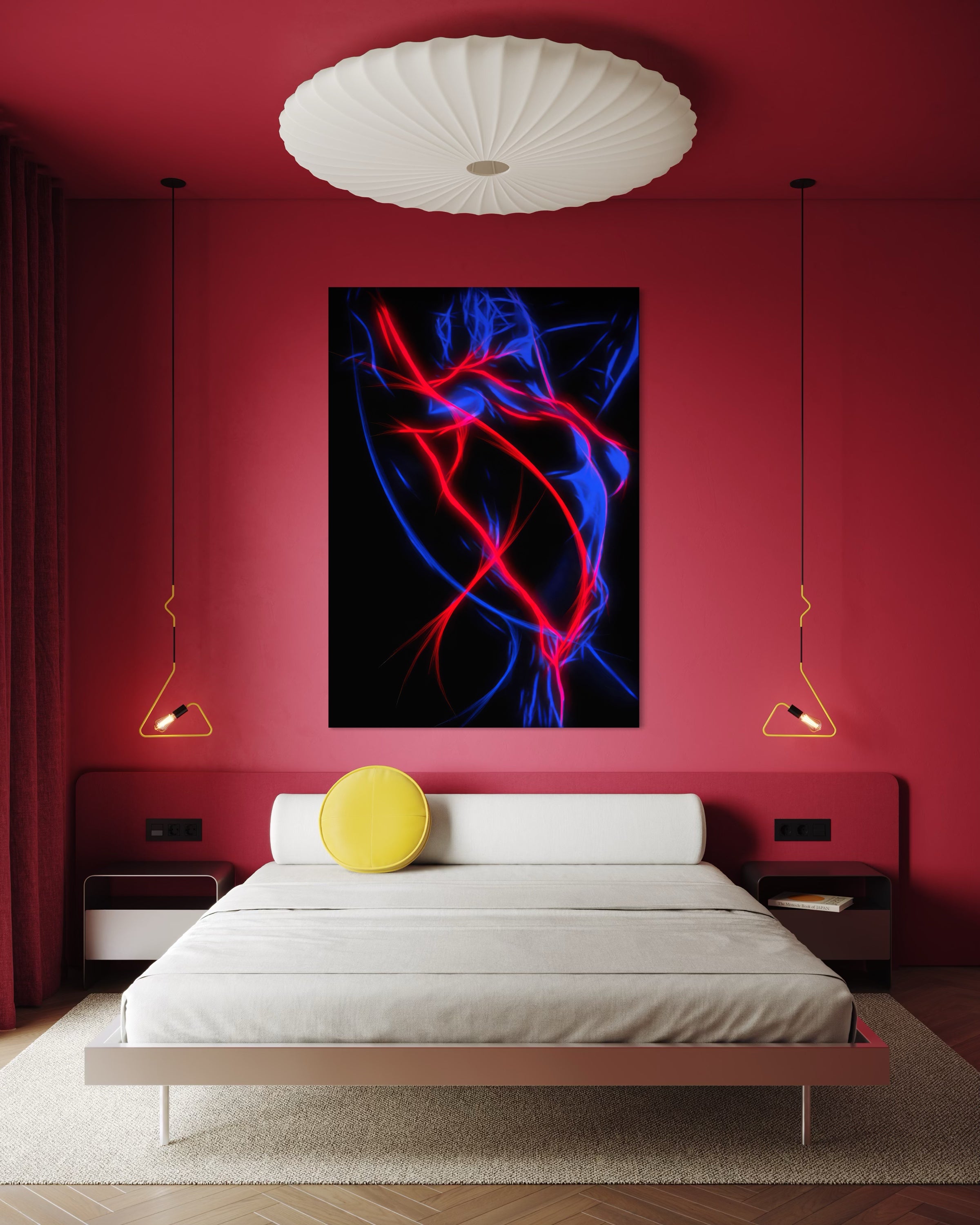 Stampa Caliente con telaio nero, astratto neon blu e rosso