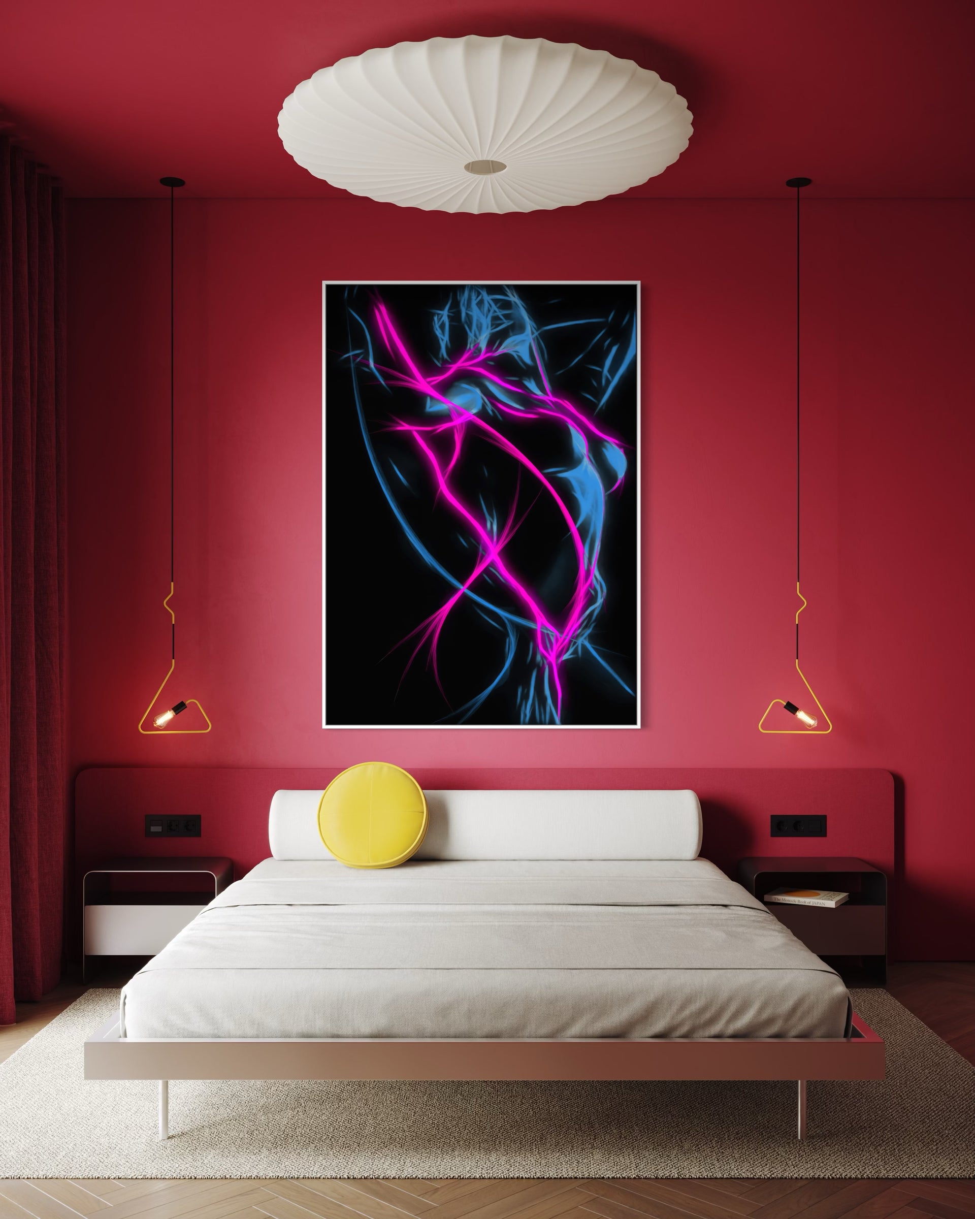 Caliente con telaio nero, linee luminose astratte blu e fucsia