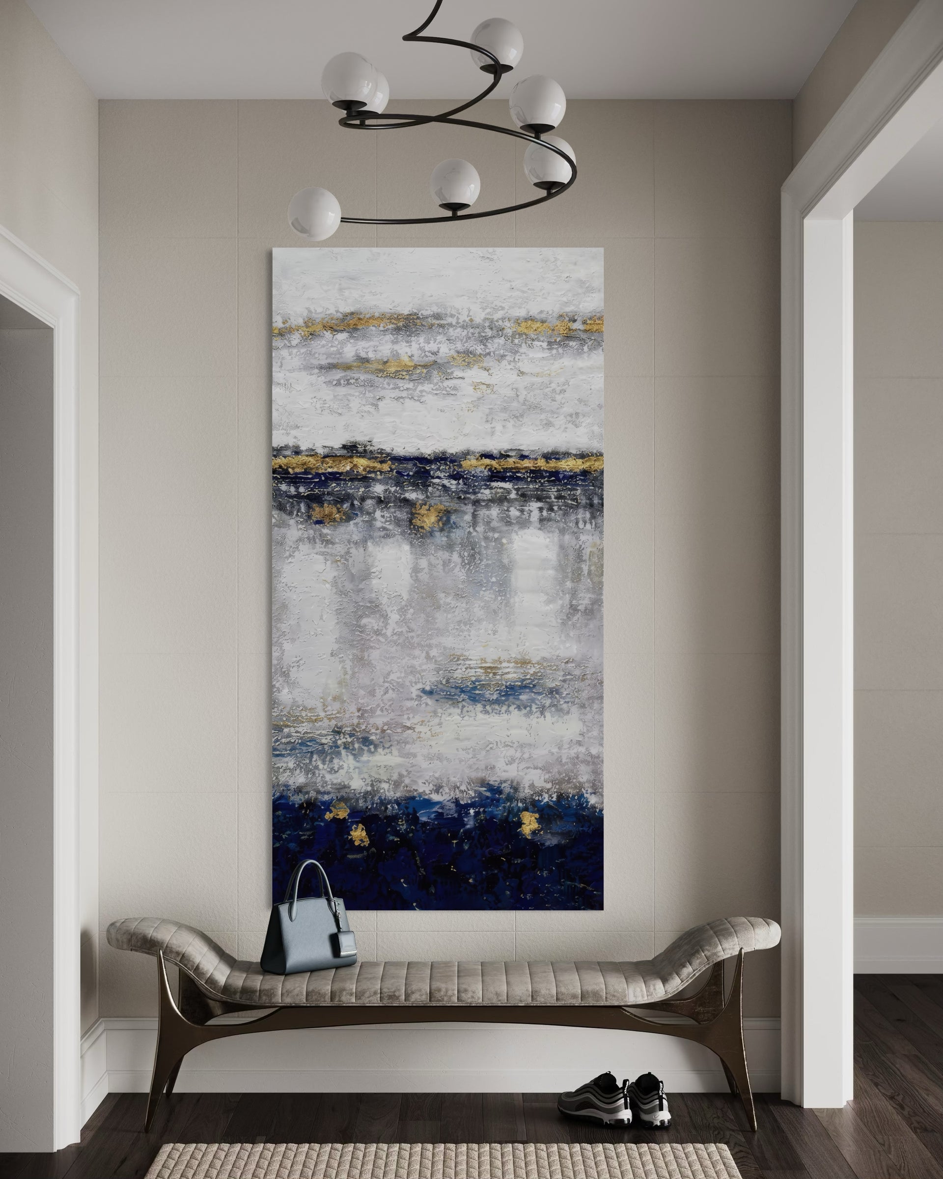 Quadro astratto verticale Blu Notte con strisce blu e grigie, tocchi oro