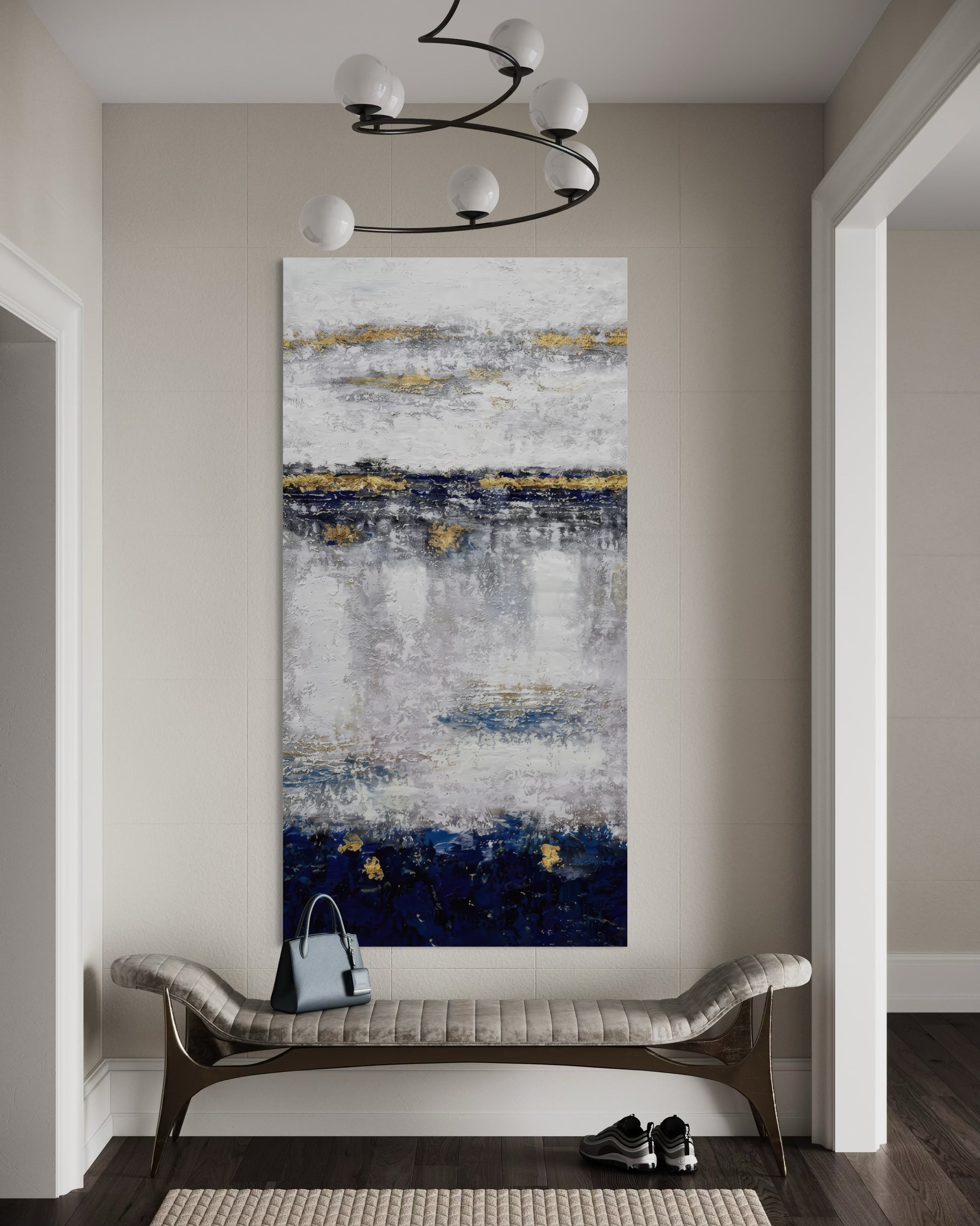 Quadro astratto verticale Blu Notte con strisce blu e grigie, tocchi oro