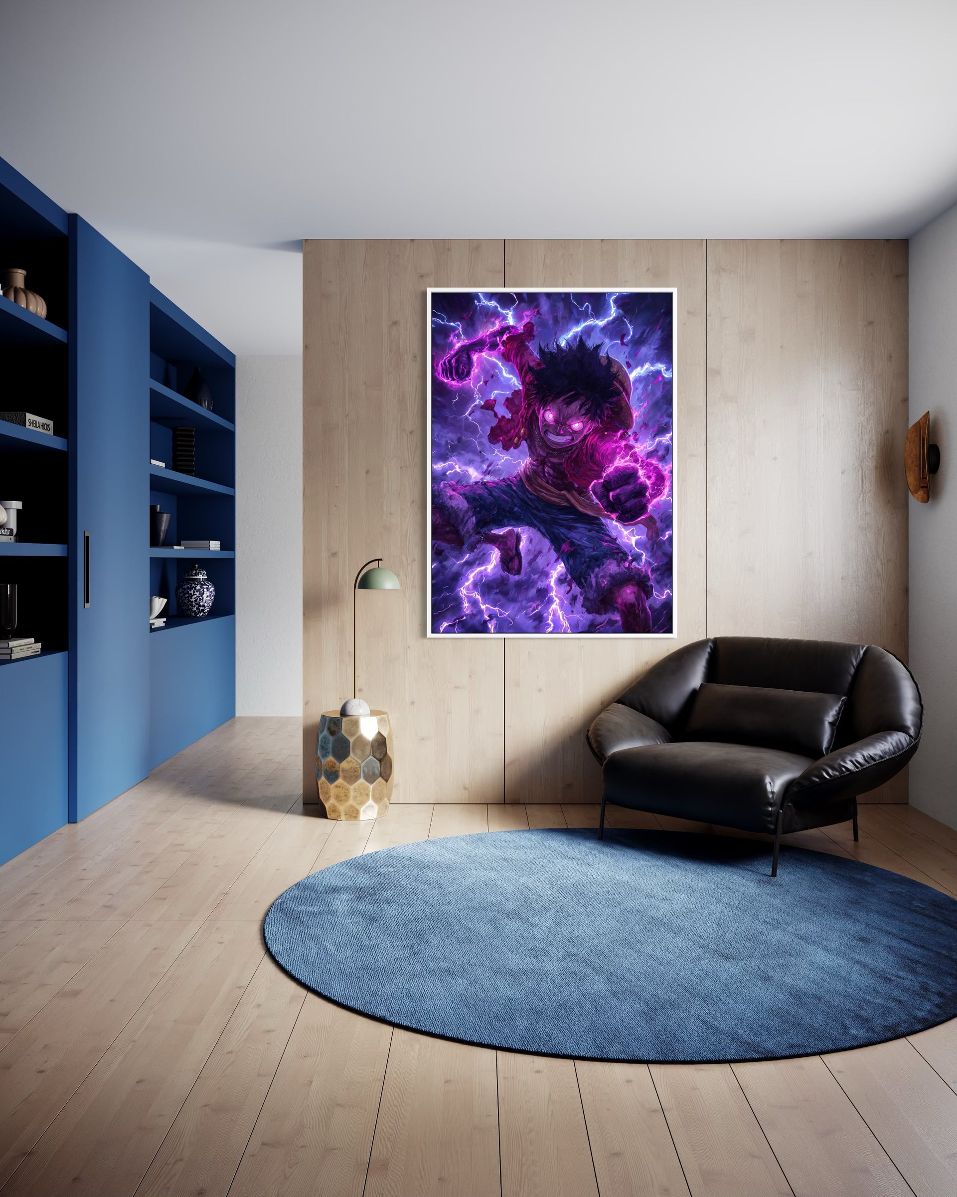 Risveglio del Re: stampa incorniciata con figura viola e sfondo energetico, cornice chiara