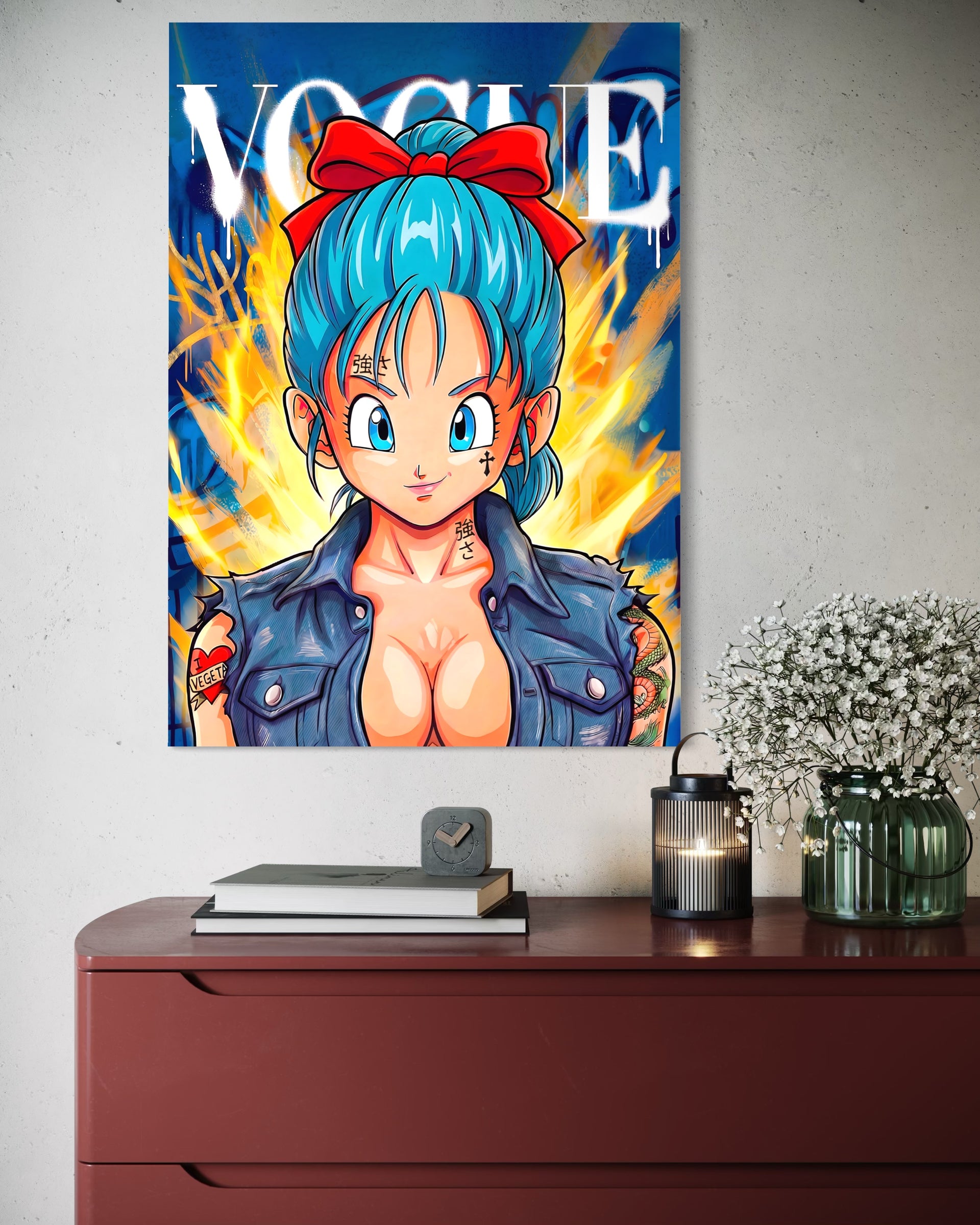 The Rebel: poster con personaggio anime blu e fiocco rosso, sfondo giallo-arancio
