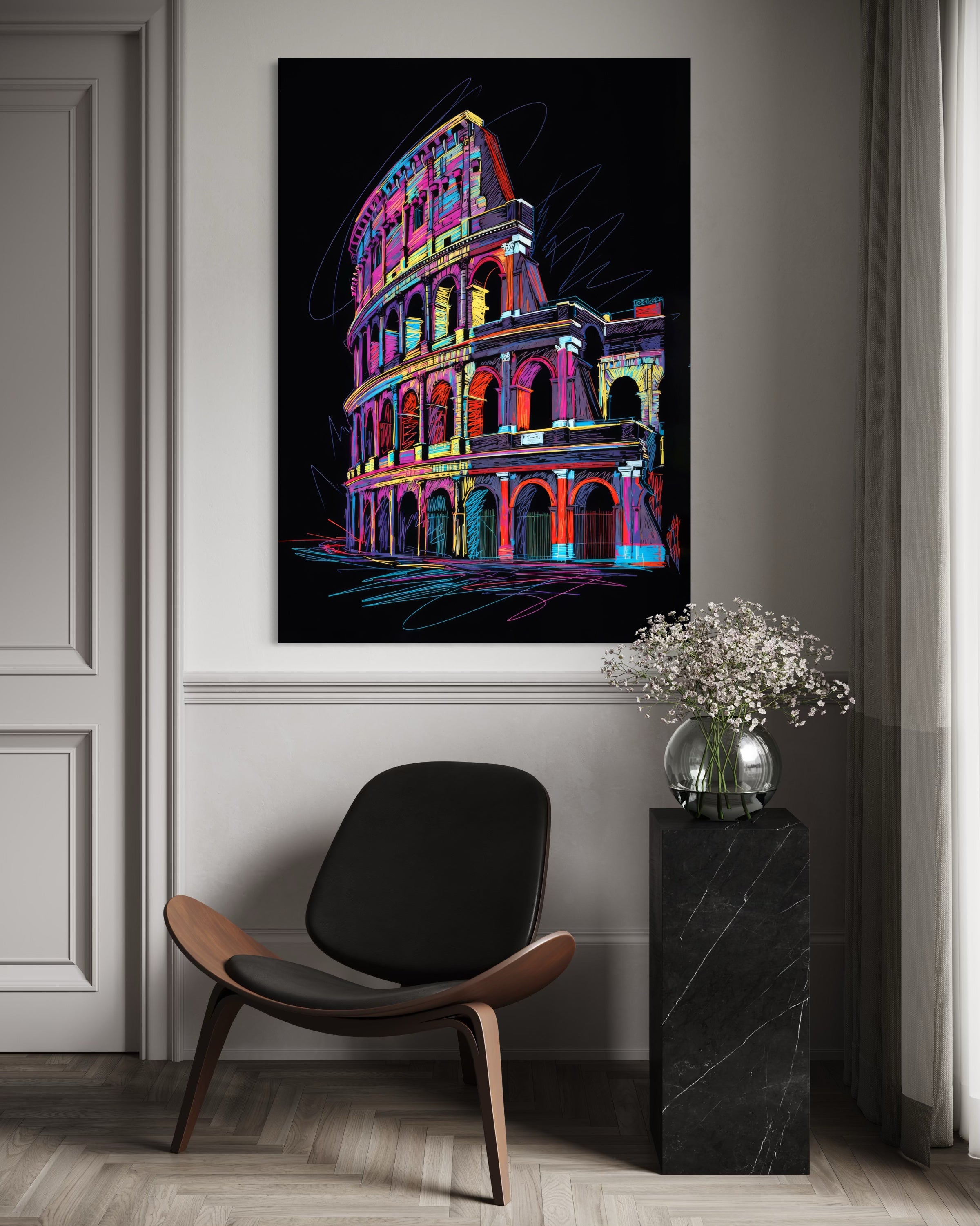 Colosseo Cromato con cornice nera, stampa colorata del Colosseo