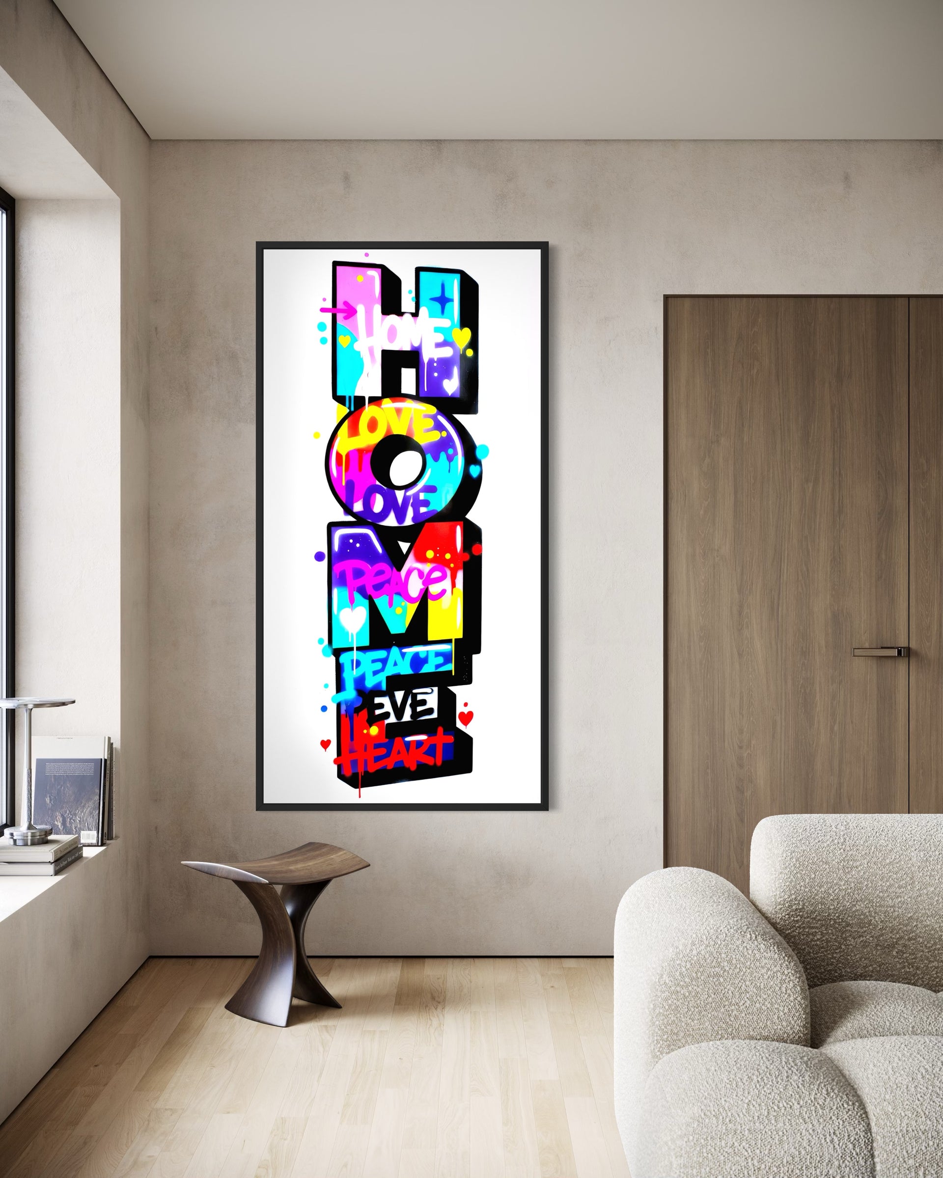 Stampa Home Graffiti Edition con scritte LOVE, PEACE, HEART colorate in cornice nera