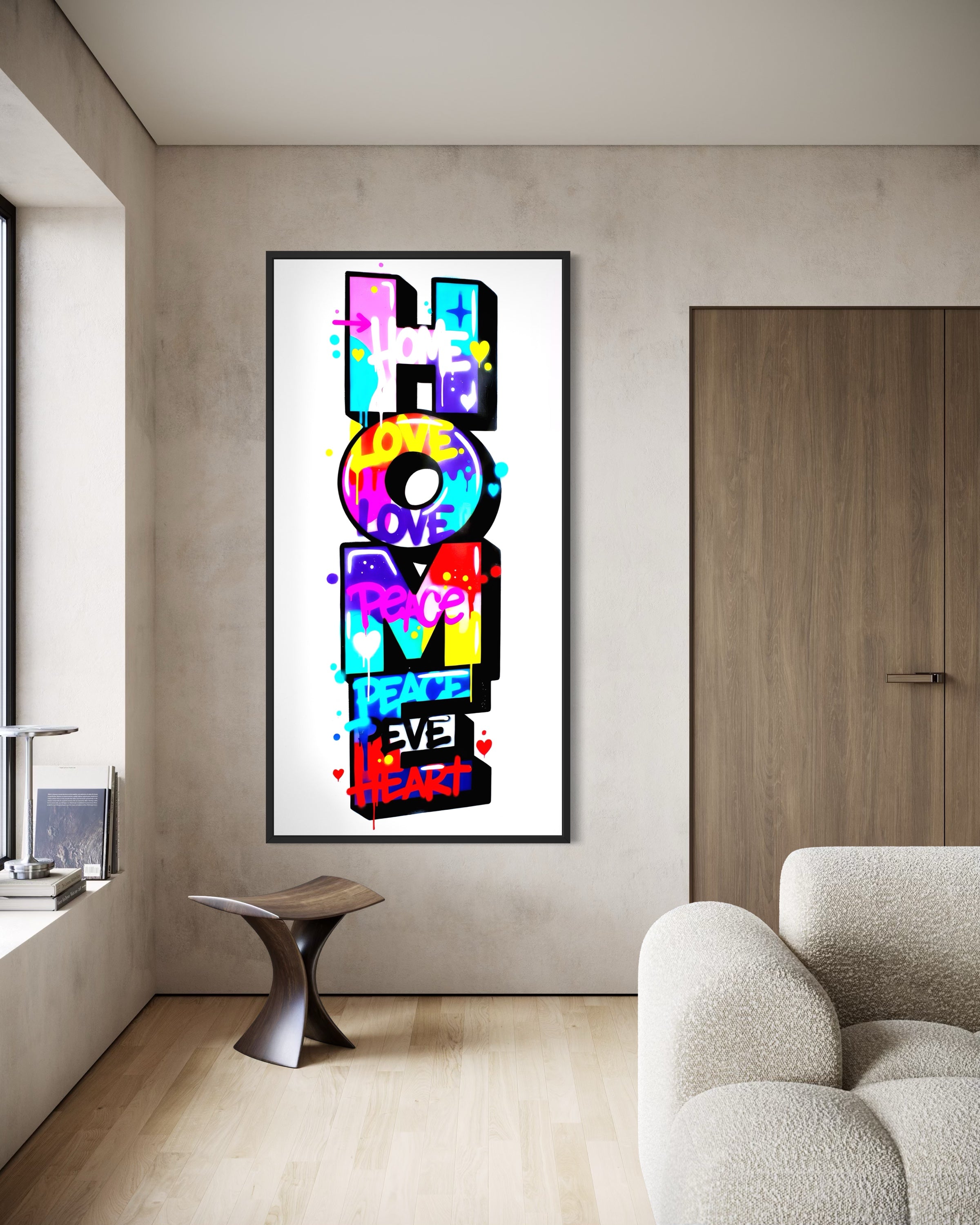 Stampa Home Graffiti Edition con scritte LOVE, PEACE, HEART colorate in cornice nera